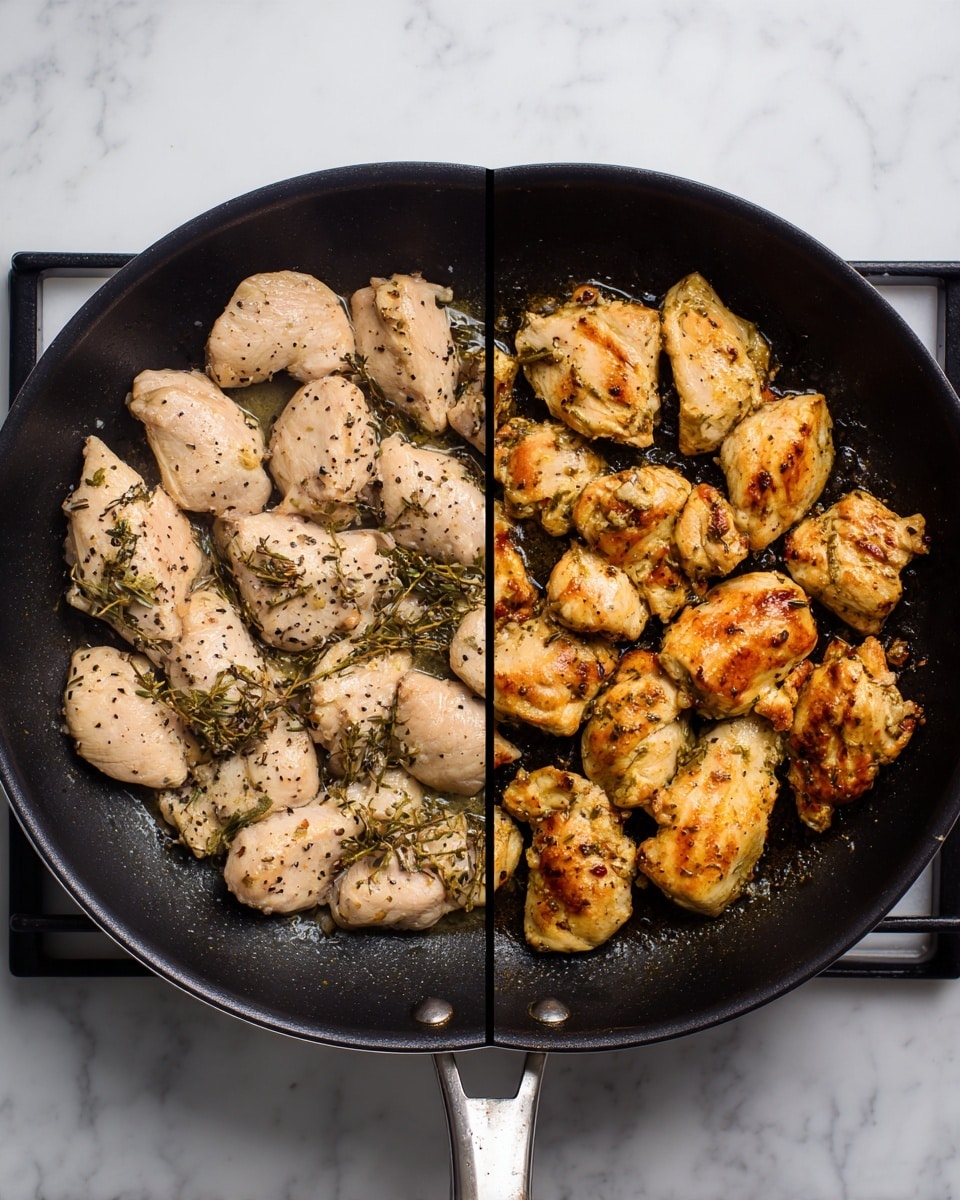 The image shows a cast iron pan filled with several pieces of cooked chicken in a creamy light yellow sauce. The chicken pieces are golden brown with visible herbs and spices on their surfaces. Around and on top of the chicken are slices of red, yellow, and green bell peppers, and pieces of sautéed mushrooms. The sauce is thick and smooth, coating the chicken and vegetables evenly. Small green parsley leaves are sprinkled on top across the dish for a fresh touch. The pan is placed on a white marbled surface. photo taken with an iphone --ar 4:5 --v 7