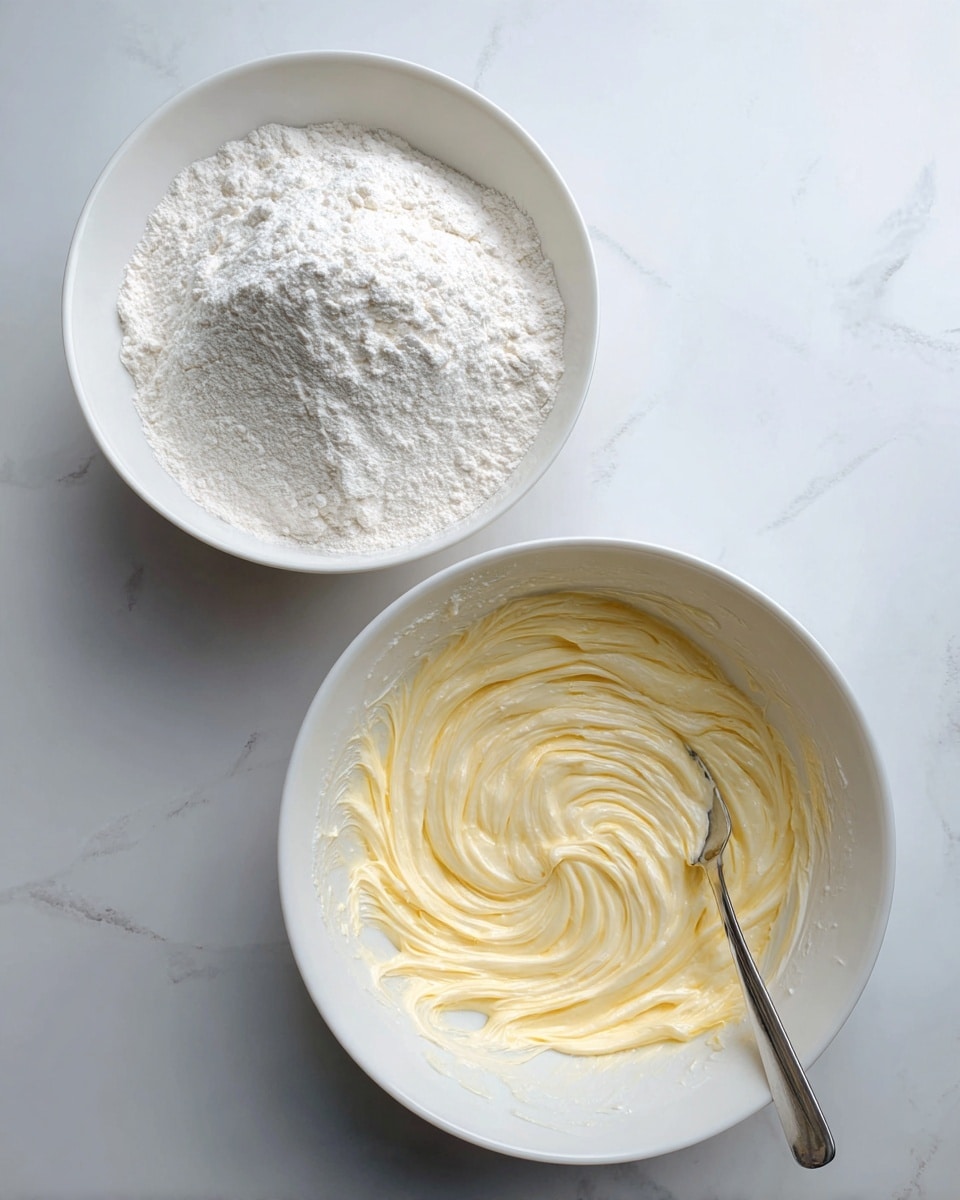 The image shows two white bowls placed side by side on a white marbled surface. The bowl on the left is filled with a smooth layer of white flour that fills the bowl evenly without any clumps, creating a soft powder texture. The bowl on the right contains a creamy, thick mixture with swirls of light yellow and white, creating a marbled effect. A metal spoon is resting inside the bowl on the right, partially submerged in the mixture. photo taken with an iphone --ar 4:5 --v 7
