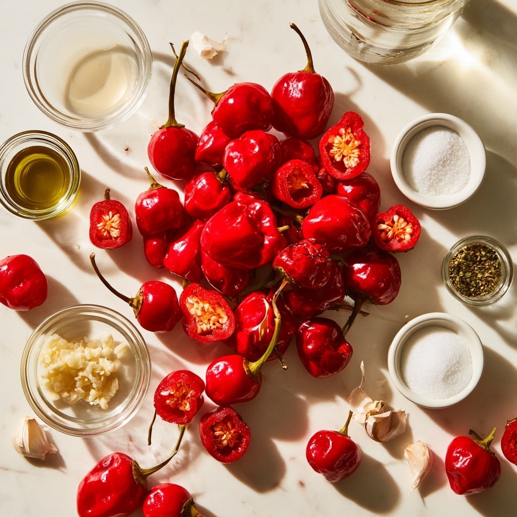 The image shows seven small red peppers with a shiny, smooth skin, each with a green stem, arranged on a wooden board. The peppers are round and bright, with some showing a slight gradient of darker red near the top. The wooden board underneath is light brown with visible grain and texture, providing a warm background for the vibrant red peppers. photo taken with an iphone --ar 4:5 --v 7