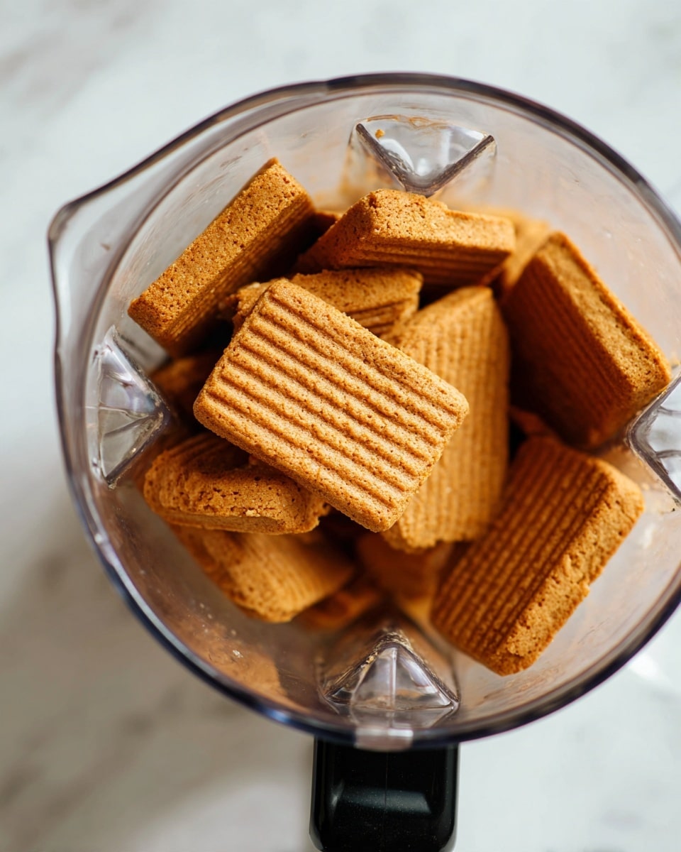 The image shows a close-up top view of a blender bowl filled with several rectangular light brown cookies arranged in layers, some flat and some tilted, showing their textured surface and ridged edges. The blender bowl is clear, and its black handle points to the bottom right of the image. The background is a white marbled texture. Photo taken with an iphone --ar 4:5 --v 7