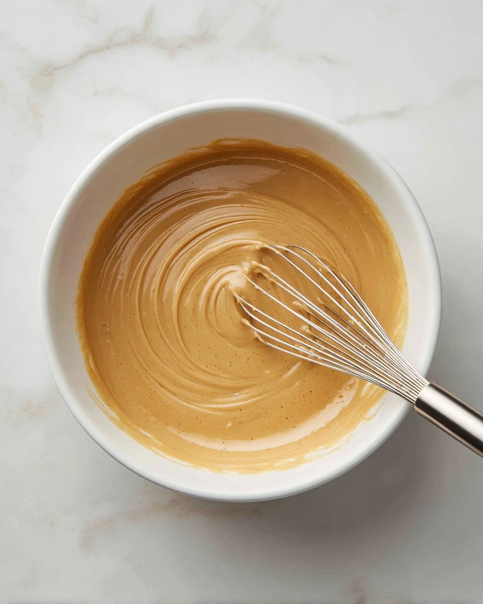 A white bowl filled with smooth, creamy light brown batter with visible swirls on the surface. A metal whisk with some batter stuck on it rests inside the bowl on the right side. The bowl is placed on a white marbled surface. Photo taken with an iphone --ar 4:5 --v 7