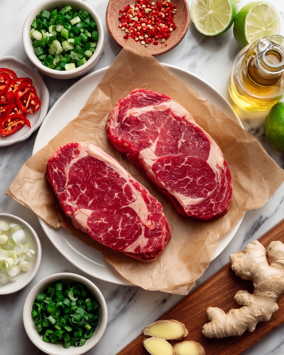 Two raw ribeye steaks with red meat and white fat marbling lay side by side on brown parchment paper on a white plate. Surrounding the plate are small white bowls filled with chopped green herbs, bright red and green chili peppers, finely chopped shallots, green onion slices, crushed red chili flakes, and garlic cloves. A wooden board holds some of these bowls and lime halves, while a glass bottle of oil and fresh ginger root rest nearby. All items are placed on a white marbled surface. Photo taken with an iphone --ar 4:5 --v 7