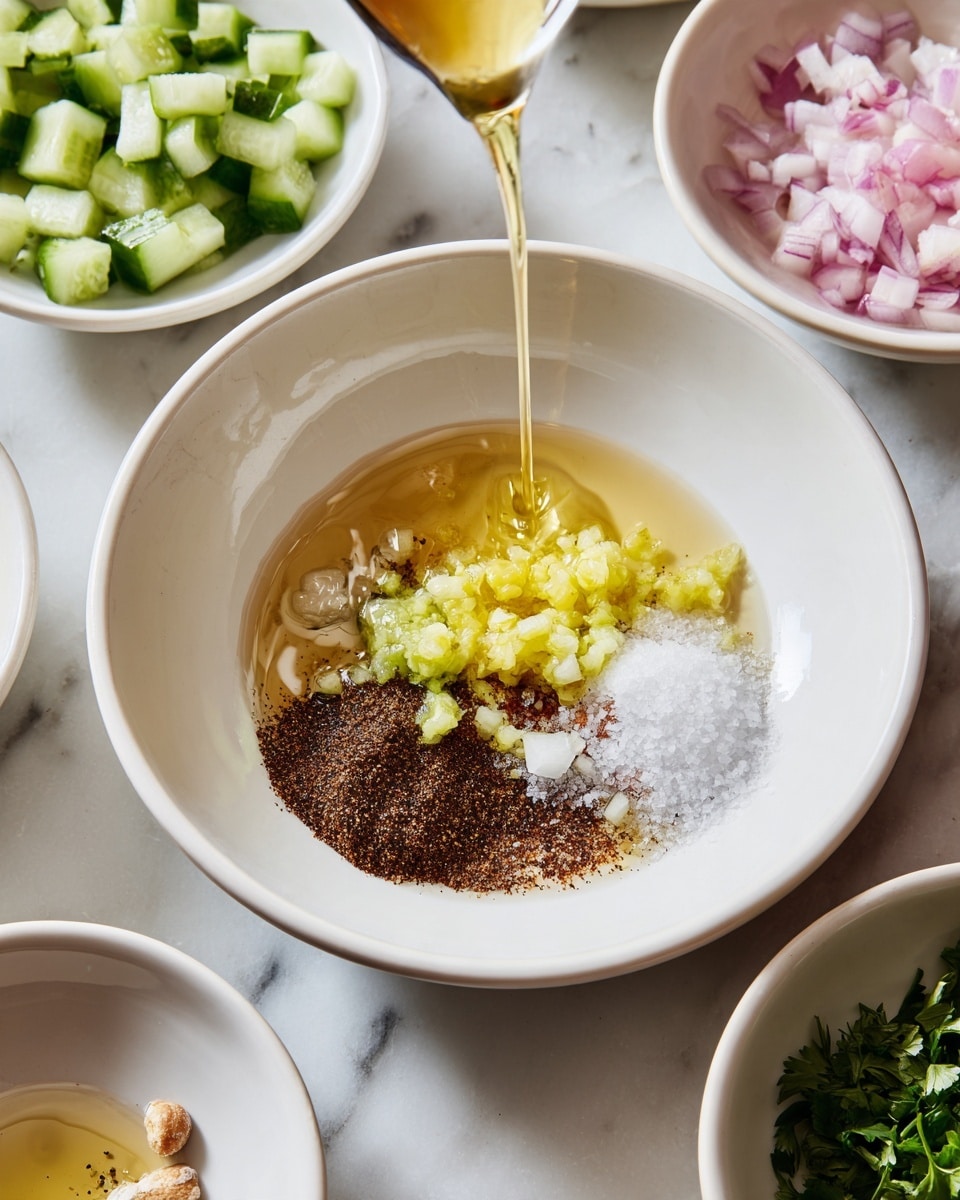 In the center of the image, a white bowl holds a mix of ingredients including a dark brown spice powder spread evenly at the bottom, topped with bright yellow minced garlic chunks and a light layer of coarse white salt. A clear golden liquid is being poured gently from the right side into the bowl, creating a shiny, slightly oily texture on top. Surrounding the bowl are parts of other white bowls and plates, with one containing evenly diced light green cucumber pieces at the top left, another showing chopped pale pink onions at the top right, and another plate with fresh green chopped herbs visible at the bottom right. The whole scene rests on a white marbled surface. photo taken with an iphone --ar 4:5 --v 7