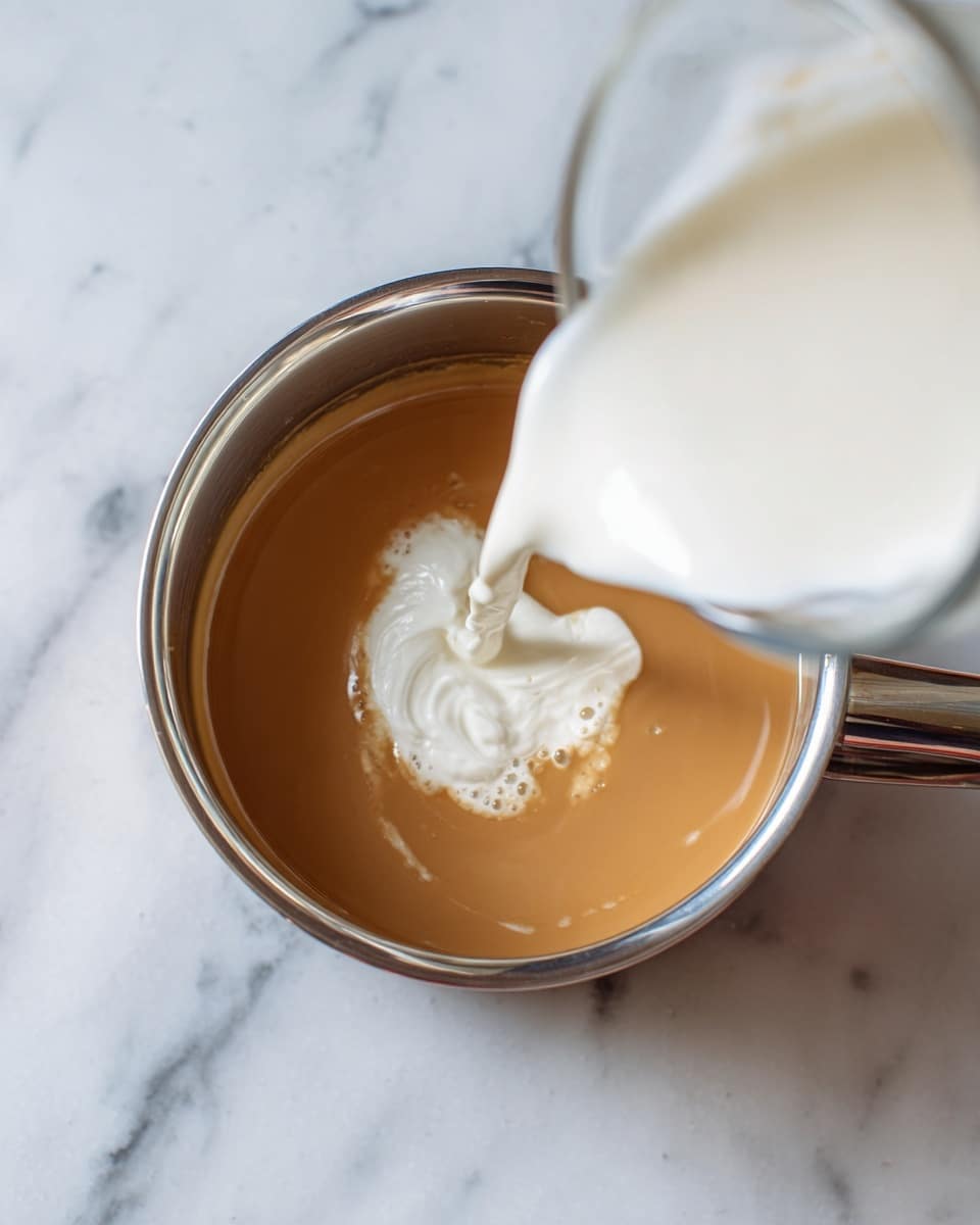 A close-up top view shows a shiny silver pot filled with a smooth, light brown liquid. A clear glass container pours thick, white cream into the pot, creating a small white pool on the brown surface. The pot is set on a white marbled surface, and the pouring cream adds a fresh contrast to the warm brown liquid inside the pot. photo taken with an iphone --ar 4:5 --v 7