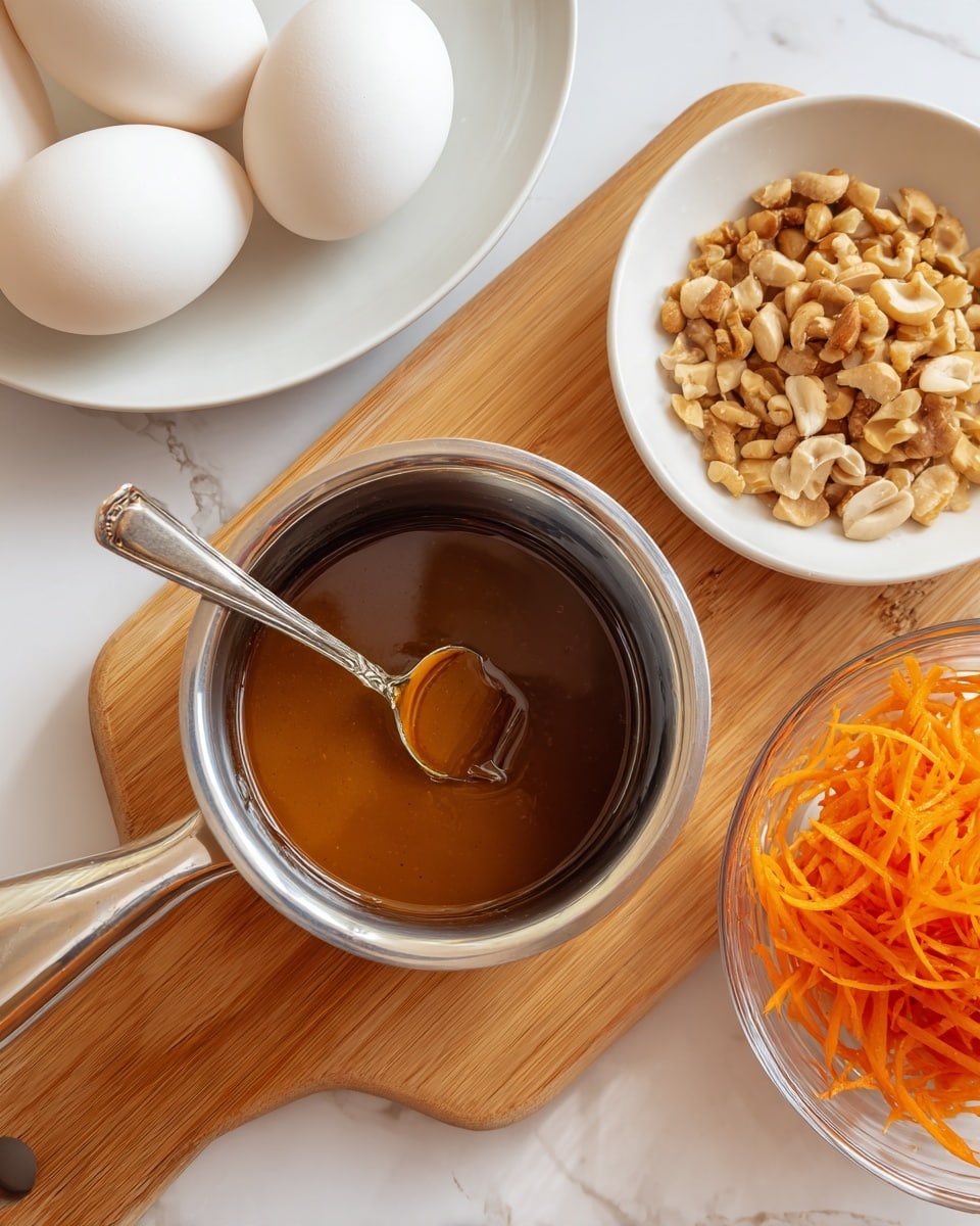 A small silver pot filled with a smooth, dark amber liquid with a slight shine is placed on a light wooden board. Inside the pot is a silver spoon resting with its bowl filled with the same dark liquid. To the top right of the pot, there is a white bowl filled with light brown chopped nuts. To the top left, part of a white plate with two whole white eggs is visible. At the bottom right edge of the image, there is a transparent bowl filled with finely shredded bright orange carrots. The whole scene is set against a white marbled surface. Photo taken with an iphone --ar 4:5 --v 7