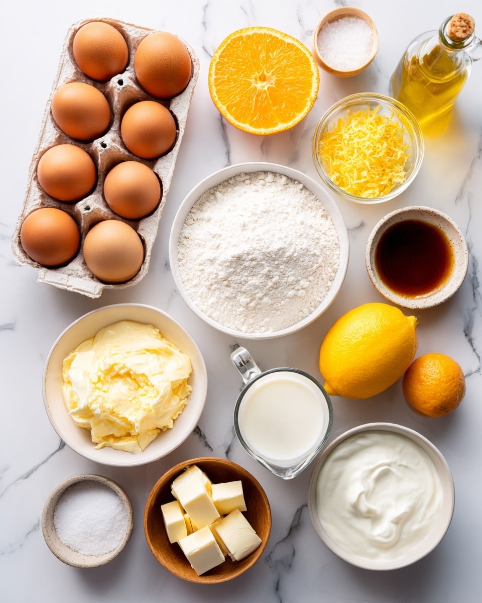 The image shows many cooking ingredients placed on a white marbled surface. There are nine brown eggs in a cardboard carton on the left, next to a sliced orange half showing bright orange flesh. In front of the eggs is a white bowl filled with white flour, and to its right is a glass cup with white milk. Above the milk is a bowl with yellow lemon zest, and beside it is a small wooden bowl with white baking powder and salt. Nearby, a small bowl holds orange zest. A bright yellow whole lemon and two whole oranges, one cut in half showing its inside, are to the right. On the top row, there is a glass bottle with light yellow oil, a small white bowl with small cubes of butter, a small bowl with dark brown vanilla extract, a glass measuring cup with golden liquid, a bowl filled with white sugar, and another bowl with white sour cream. The items are neatly arranged, showing a clean and bright setting. Photo taken with an iphone --ar 4:5 --v 7
