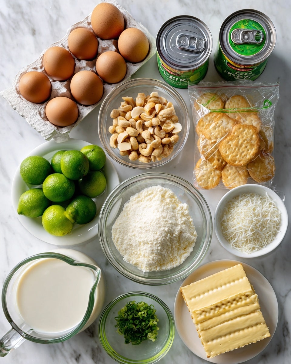 The image shows various baking and cooking ingredients arranged neatly on a white marbled surface. There are six brown eggs in a carton at the top right, next to a can of coconut milk and a can of sweetened condensed milk. On the bottom right, a partially open package of golden square crackers sits alongside a glass bowl of green lime juice. Whole green limes are scattered around, some in a green mesh bag. A small glass bowl of chopped green herbs is placed near the center, surrounded by bowls of shredded coconut, raw macadamia nuts, granulated sugar, sifted flour, melted yellow butter, and cream cheese on a white plate. A clear pitcher filled with milk is on the bottom left, completing the layout. Photo taken with an iphone --ar 4:5 --v 7