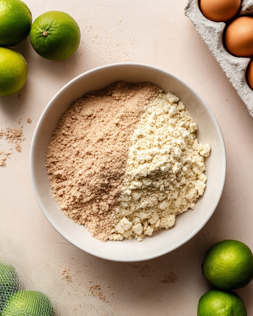 A white bowl holds two main layers side by side: on the left is a fine, light brown crumbly mixture with a dry texture, and on the right is a soft, off-white, grainy pile with small, uneven pieces. The bowl is placed on a light pink surface with some crumbs scattered around. In the top right corner, there are brown eggs in a carton, and at the bottom left, there are several green limes, some in a green net bag and one loose near the bowl. The photo taken with an iphone --ar 4:5 --v 7