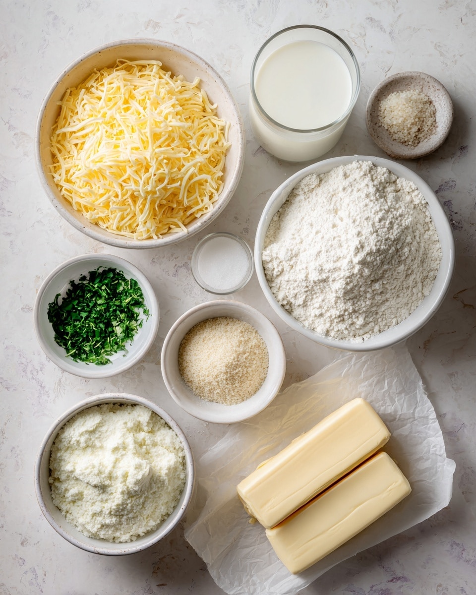 A top-down view of several small white bowls arranged neatly on a white marbled surface, each containing different baking ingredients: one large white bowl filled with shredded yellow cheese, another large white bowl heaped with white flour, a medium white bowl with finely chopped green herbs, a small white bowl holding white granulated sugar, a white bowl with a white powdery substance which could be salt, and two unwrapped sticks of pale yellow butter placed side by side on white parchment paper. There is also a glass of white milk and a small white bowl with a beige crumbly ingredient. The composition is clean and organized, showing all ingredients clearly with soft, natural light. Photo taken with an iphone --ar 4:5 --v 7