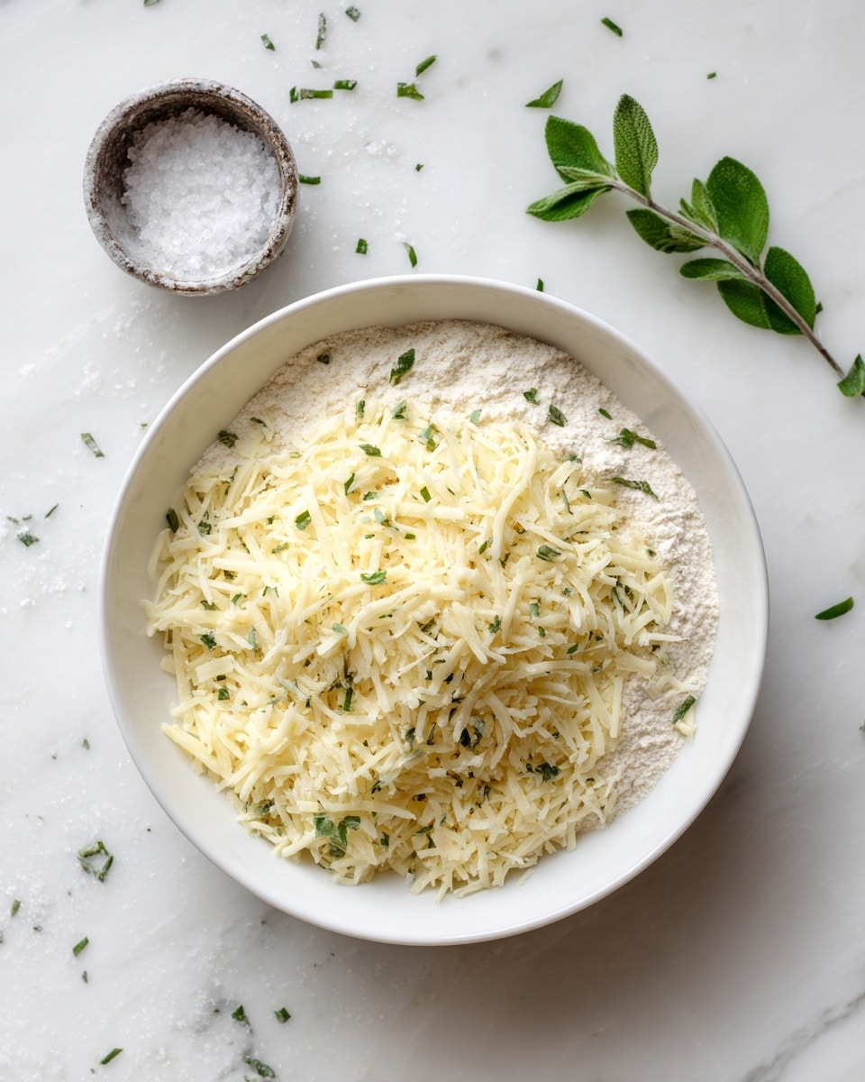 A white bowl on a white marbled surface holds a mix of shredded pale yellow cheese scattered over a base of light beige flour, with small green herb pieces sprinkled evenly on top. Nearby, there is a small container with coarse white salt. Some green herb leaves are placed on the top right corner of the image. photo taken with an iphone --ar 4:5 --v 7