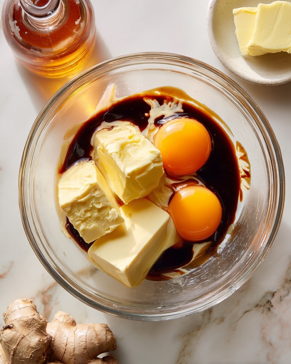 A top-down view of a clear food processor bowl containing two bright orange egg yolks, five thick blocks of pale yellow butter, and dark brown liquid sauce drizzled over the butter and pooling around the eggs. The mixture has a glossy texture and the bowl sits on a white marbled surface. In the corner of the image, a glass bottle with an amber liquid, a small round white bowl with a pale yellow block, and a piece of fresh ginger are partially visible. photo taken with an iphone --ar 4:5 --v 7
