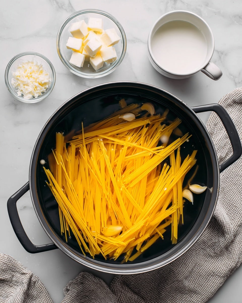 The image shows a black cooking pot with water and uncooked yellow pasta sticks inside, partially submerged. The pot is placed on a white marbled surface with a light gray textured cloth visible in the background. Near the pot, there is a small clear glass bowl with white cube-shaped butter pieces, another small bowl with finely minced white garlic, and a white cup filled with a white liquid, likely milk or cream. The overall scene appears clean and organized for cooking preparation photo taken with an iphone --ar 4:5 --v 7