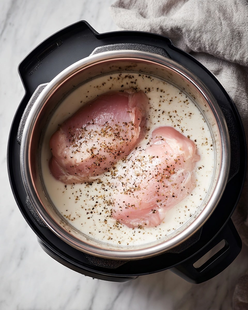 The image shows two raw pink chicken pieces placed in a round silver inner pot filled with a white creamy liquid, which looks like milk, sprinkled with black pepper on top. The pot is inside a black electric multi-cooker, sitting on a white marbled surface. A soft gray cloth is partially visible in the top part of the image. Photo taken with an iphone --ar 4:5 --v 7
