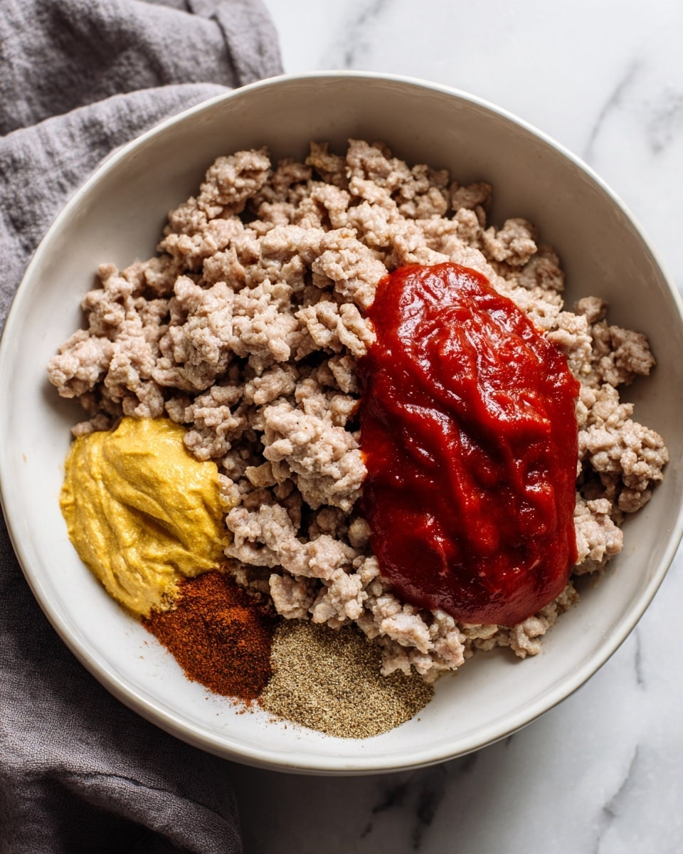 A white bowl filled with cooked ground meat that is light brown, covering about half of the bowl. On top of the meat, there is a large dollop of red tomato sauce on the right side and a smaller amount of darker red tomato paste near the center. Below the tomato paste, there is a small yellow mustard-like dollop and brown powdered spices in a pile. The bowl sits on a white marbled surface, and a gray cloth is partially visible at the top edge of the image. photo taken with an iphone --ar 4:5 --v 7