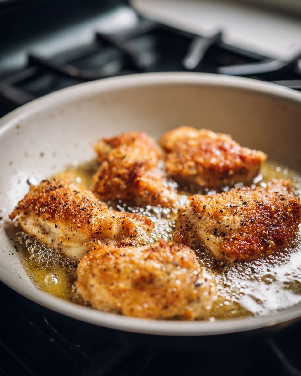 A white pan holds five pieces of chicken cooking in oil. The chicken pieces are varied in size and show light to medium browning on their top surfaces, sprinkled with black pepper, creating a slightly rough texture. The oil pools and bubbles around the chicken, capturing the light, while the white pan contrasts with the darker stove surface below. The background is blurred, keeping the focus on the chicken inside the pan. photo taken with an iphone --ar 4:5 --v 7