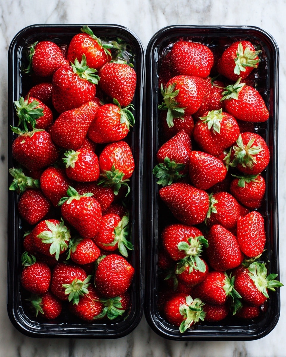 Two black trays filled with fresh, bright red strawberries with small green leaves on white marbled surface. Each strawberry has a smooth, glossy texture and is closely packed without gaps. The trays are placed side by side, showing a rich red color with tiny seeds dotting the surface of each strawberry. photo taken with an iphone --ar 4:5 --v 7