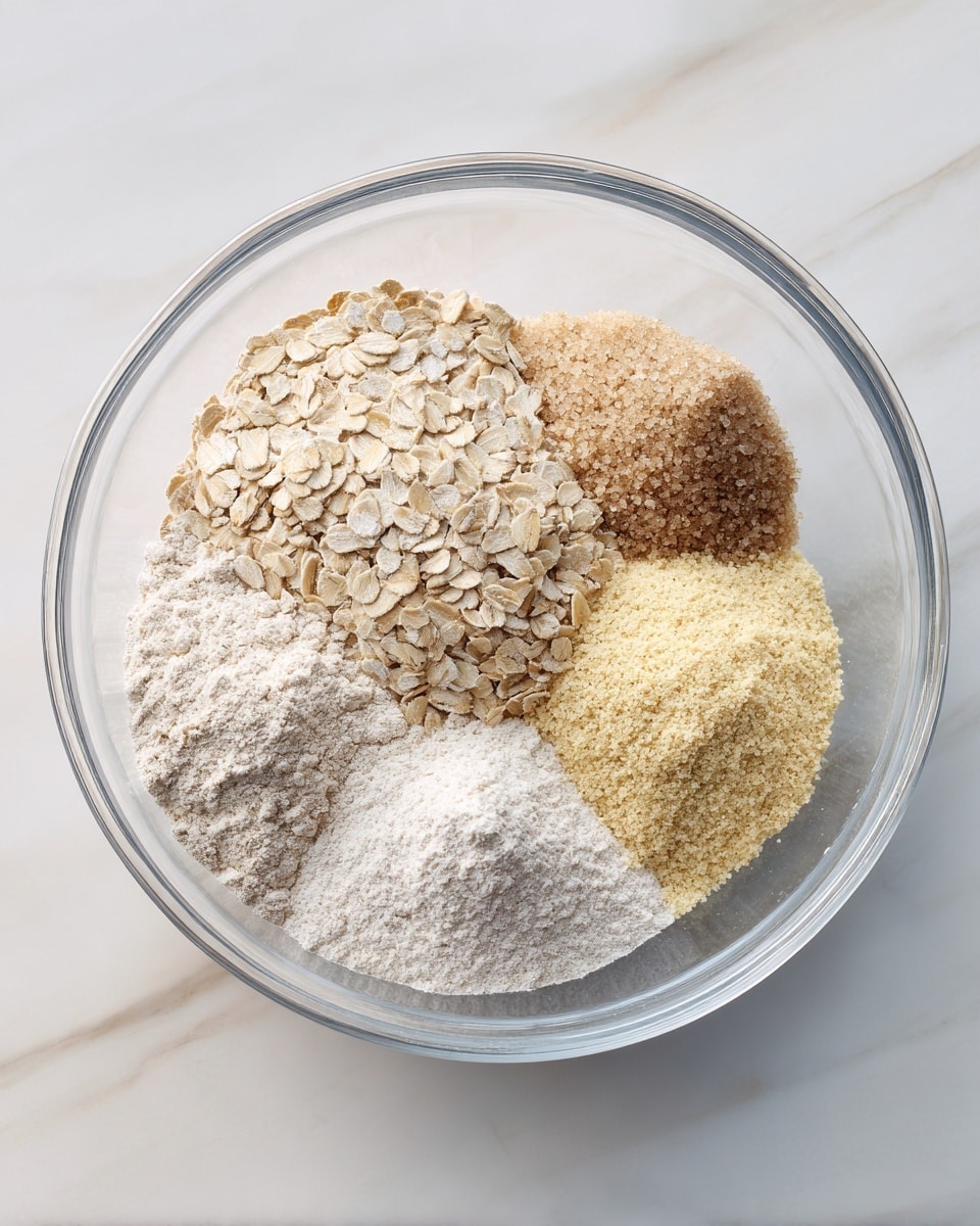 A clear glass bowl holds five separate piles of dry ingredients arranged next to each other without mixing: light beige rolled oats with a rough texture on the left, pale yellow fine powder at the bottom right, off-white flour with a smooth powdery look on the top right, and a heap of light brown granulated sugar in the top center. The bowl is placed on a white marbled surface. photo taken with an iphone --ar 4:5 --v 7