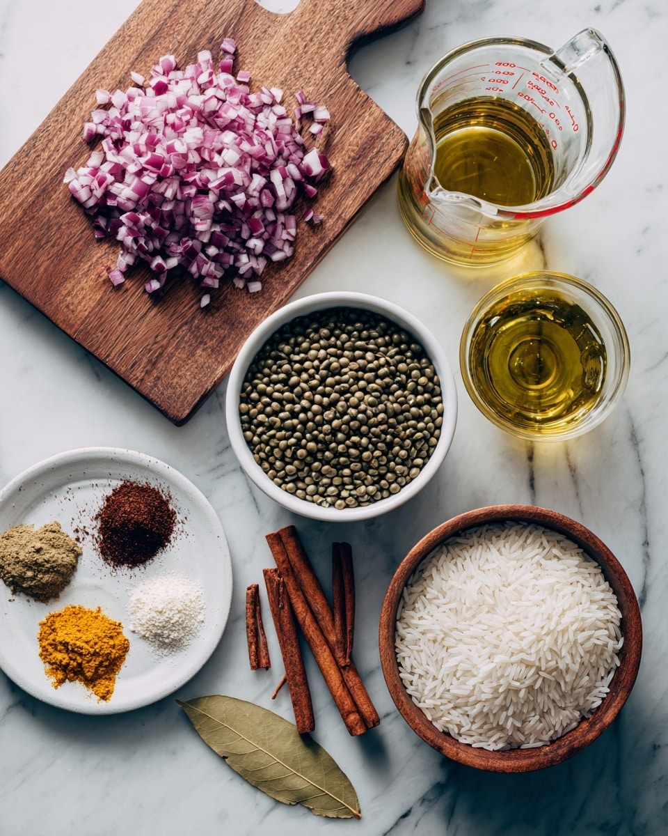 The image shows a collection of cooking ingredients arranged on a white marbled surface. There is a wooden board at the top left with finely chopped red onions and a glass bottle of oil. To the right is a clear glass measuring cup filled with a golden liquid. Below the glass cup is a white bowl filled with small, green lentils. At the bottom right, a wooden bowl holds long white rice grains. To the bottom left, a white plate displays three small piles of powder spices in brown, dark brown, and bright yellow colors, along with a whole dried bay leaf and a cinnamon stick. photo taken with an iphone --ar 4:5 --v 7
