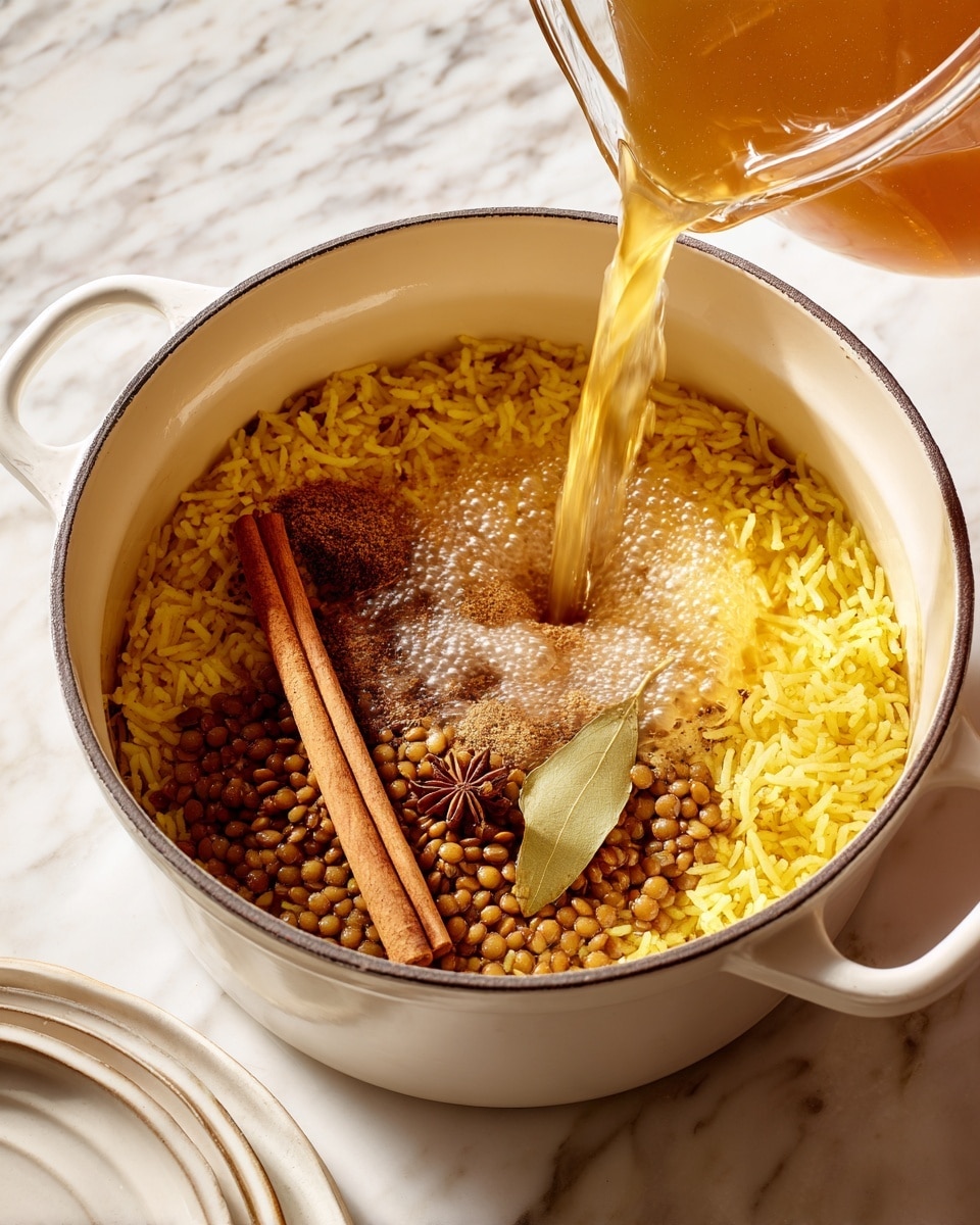 A white pot on a white marbled surface holds a mixture of yellow rice and brown lentils, with two whole spices on top: one light brown cinnamon stick near the bottom center and one bay leaf placed slightly above it. Light brown broth is being poured into the pot, creating ripples over the rice and lentils. Part of a white plate is visible in the bottom left corner, and a glass container with more broth sits in the top left corner. photo taken with an iphone --ar 4:5 --v 7