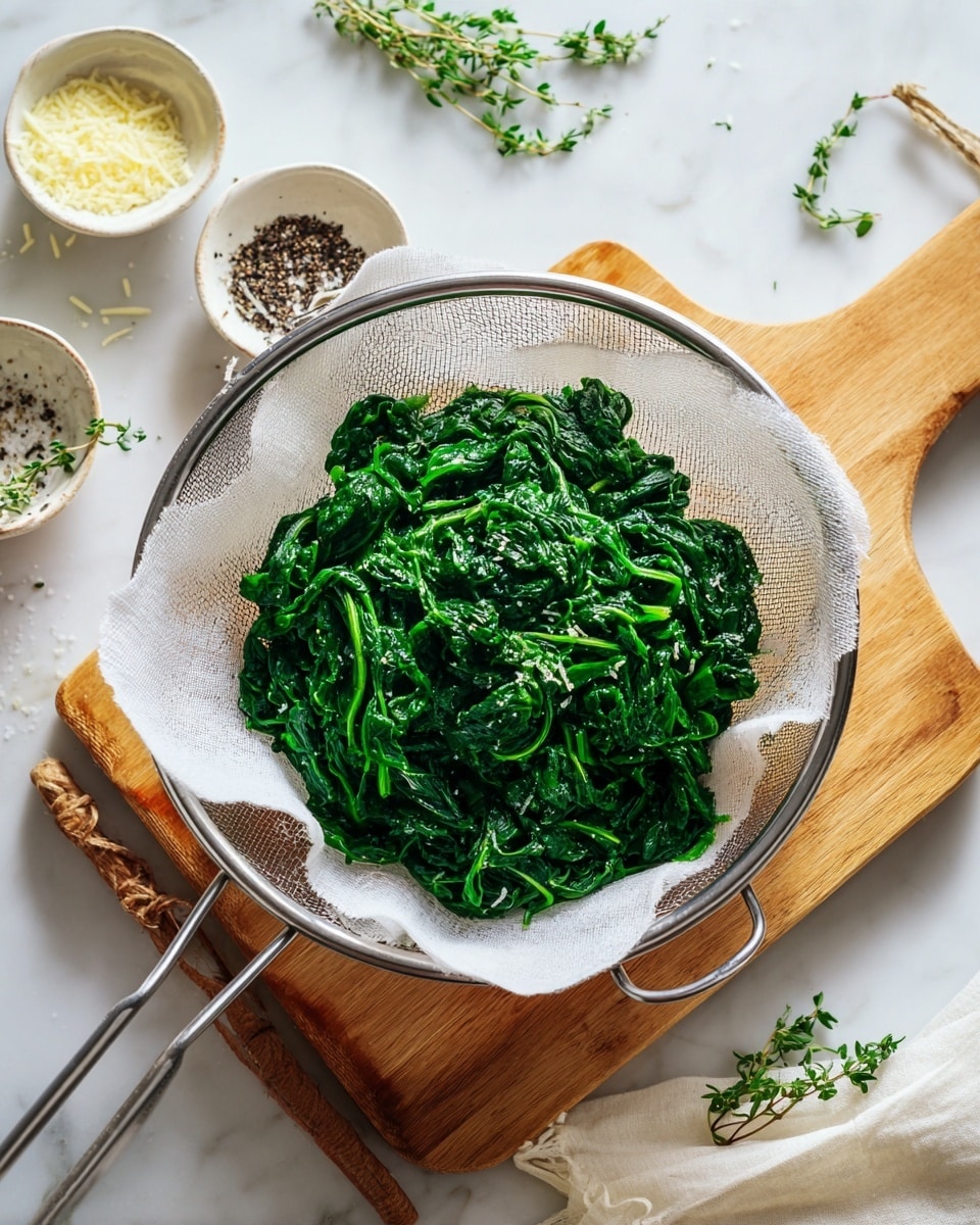 A metal strainer lined with white paper towels holds a pile of cooked dark green leafy spinach. The strainer is placed on a light wooden cutting board with a metal handle visible. Around the cutting board are small white bowls filled with coarse black pepper and grated pale yellow cheese scattered on a white marbled surface. Some small green herb sprigs also lie near the top left corner of the cutting board. The setting is bright and clean, showing fresh spinach ready to be used, photo taken with an iphone --ar 4:5 --v 7