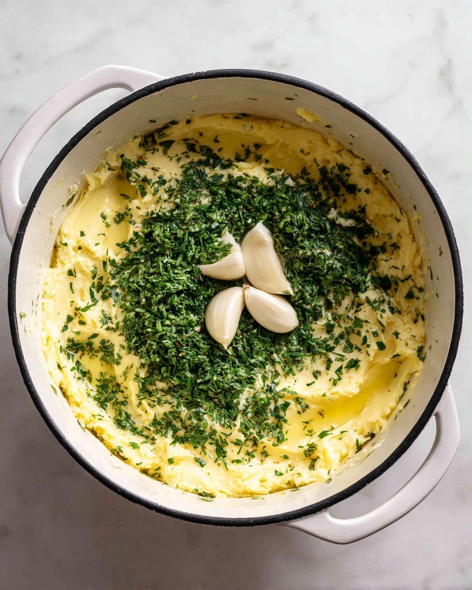 A white pot with black rim is filled with a yellow layer of melted butter. On top, there is a thick layer of finely chopped green herbs spread mainly in the center, covering much of the surface. Three large garlic cloves, light beige in color with a smooth texture, sit placed side by side on top of the herbs. The pot is set on a white marbled surface. photo taken with an iphone --ar 4:5 --v 7