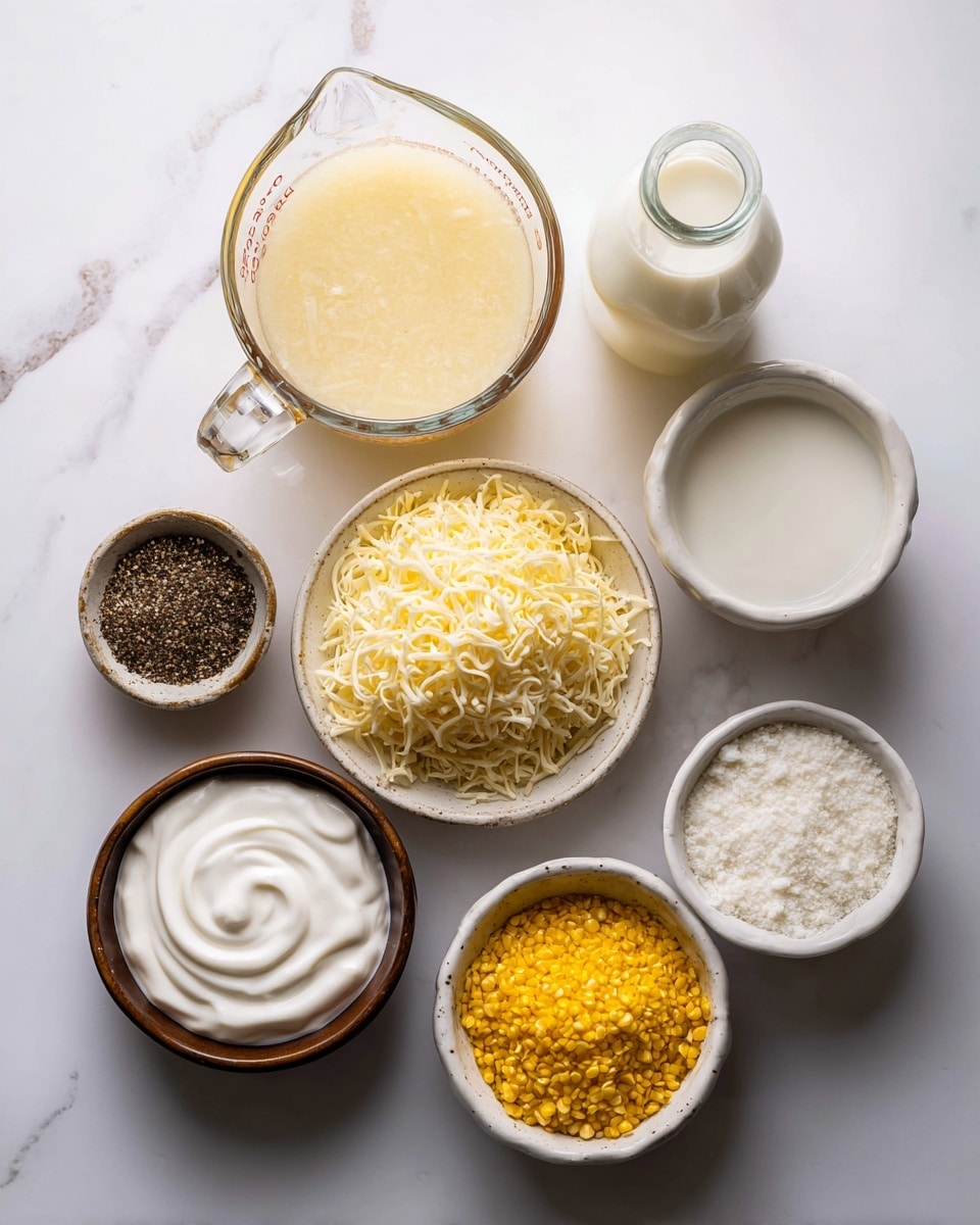 The image shows seven different ingredients placed on a white marbled surface. From left to right, there is a small brown bowl with black pepper, a white bowl filled with grated Parmesan cheese, a large glass measuring cup filled with light yellow broth, a white bowl with shredded mozzarella, a white bowl with sour cream swirled in a smooth texture, a small brown bowl containing white salt crystals, a white bowl with bright yellow cornmeal, and a small glass bottle of milk. All bowls are filled to the top, and the items have a fresh, clean look. photo taken with an iphone --ar 4:5 --v 7