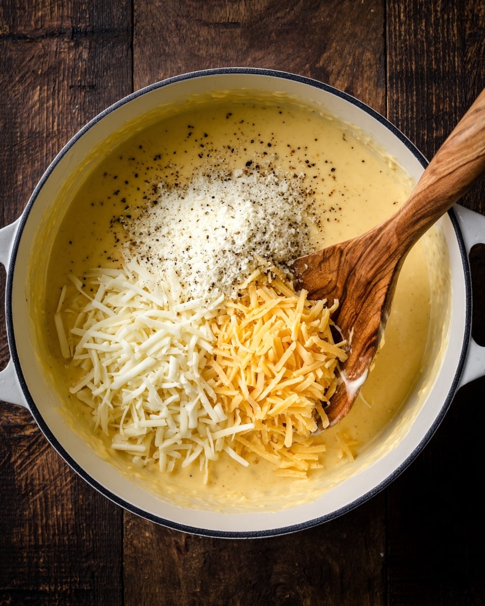 A white pot contains a creamy yellow sauce as the bottom layer, smooth in texture and thick. On top, there are two piles of cheese: one with shredded light yellow cheese and the other with finely grated white cheese mixed with small black pepper specks. A wooden spoon with a bit of sauce on it rests partially inside the pot, touching the cheese. The pot is set on a dark wooden surface. Photo taken with an iphone --ar 4:5 --v 7