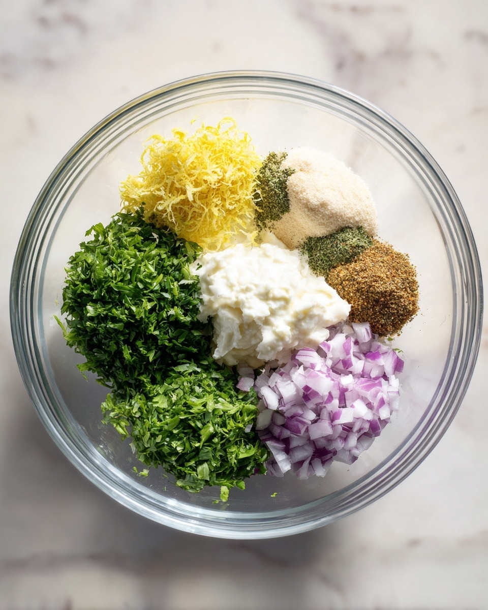 A clear glass bowl holds seven main ingredients, each placed separately in small piles. On the bottom left is a bunch of bright green chopped herbs. Next to it, at the bottom center, is a smaller pile of finely chopped green herbs. On the bottom right, there is a small heap of finely chopped light purple onions. Above the onions, on the middle right, is a soft white creamy substance. At the top right, there are beige and brown ground spices. On the top left side of the bowl is a bright yellow pile of lemon zest. The bowl sits on a white marbled surface, giving it a clean and fresh look. photo taken with an iphone --ar 4:5 --v 7
