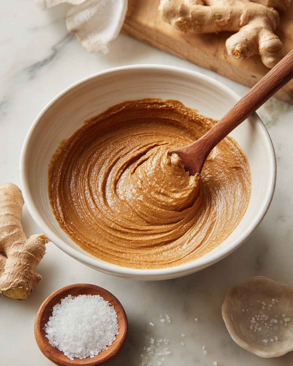 A large white bowl holds a thick, creamy brown mixture with a rough texture, swirled smoothly inside. A wooden spoon is dipped into the mixture, lifting some to show its dense and slightly coarse consistency. The bowl rests on a white marbled surface with a ginger root and a small round dish of coarse salt nearby. The overall scene feels warm and rustic. photo taken with an iphone --ar 4:5 --v 7