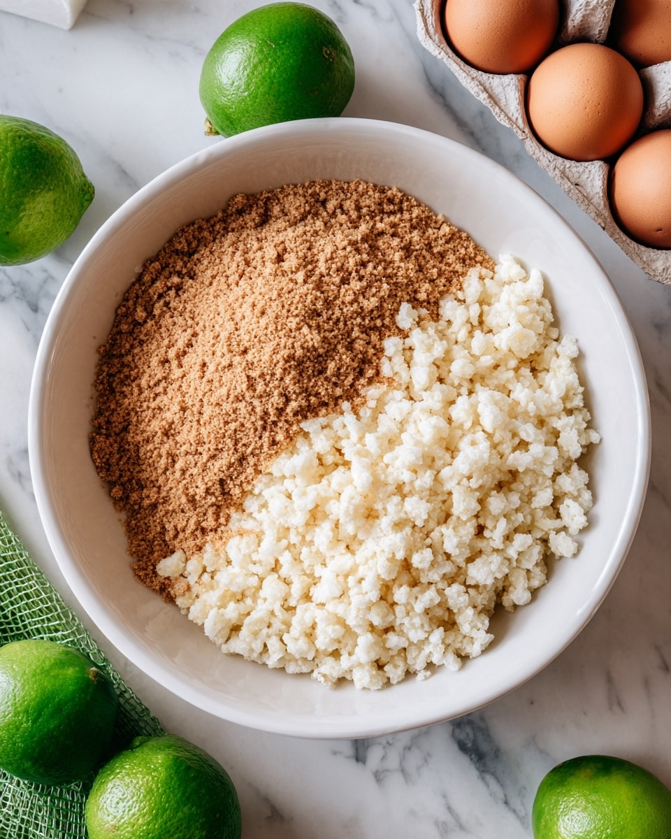 A large white bowl is filled with two distinct layers placed side by side: on the left is a layer of finely ground, light brown crumbs with a slightly coarse texture, and on the right is a layer of cooked, small, off-white grain clusters that look soft and fluffy. The bowl is set on a white marbled surface surrounded by fresh green limes in a green mesh bag at the bottom left and a carton of brown eggs at the top right corner. Photo taken with an iphone --ar 4:5 --v 7