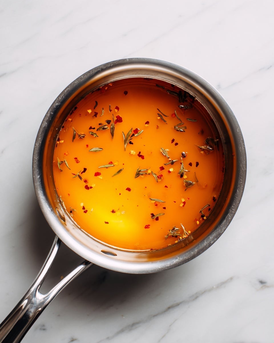 A shiny metal pot with a smooth inside surface holds a thin layer of clear, orange-brown liquid. Small bits of herbs and red chili flakes float evenly across the surface. The pot handle is silver and straight, with a faint reflection visible. The pot is placed on a white marbled surface with faint gray veins beneath. The overall look is clean and simple, focused on the warm color of the liquid inside the pot photo taken with an iphone --ar 4:5 --v 7