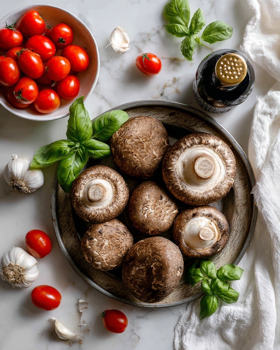 The image shows a close-up of large brown mushrooms with textured caps and visible stems, arranged on a metal tray over a wooden surface. In the bottom left corner, there is a white bowl full of bright red cherry tomatoes. Around the bowl and mushrooms are a few fresh green basil leaves, some garlic cloves with white papery skins, and a dark glass bottle with a golden cap. A white cloth is partially visible in the top right corner. The whole scene is set on a white marbled surface photo taken with an iphone --ar 4:5 --v 7