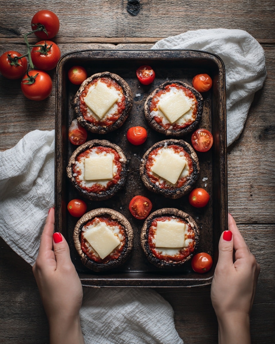 A dark metal baking tray holds six large mushroom caps, each filled with a layer of red tomato sauce topped by a square slice of pale white cheese. Around the mushrooms, there are many halved red cherry tomatoes scattered on the tray. Two woman's hands with red nails hold the tray on a wooden textured surface with a white cloth nearby. photo taken with an iphone --ar 4:5 --v 7