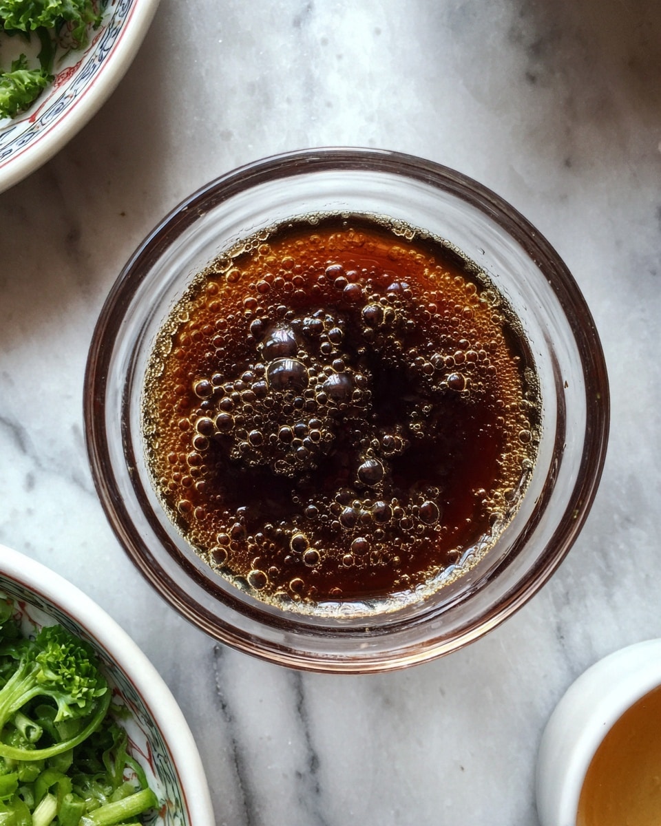 A clear glass bowl is filled with dark brown sauce that has small oil bubbles on its surface. The bowl sits on a white marbled texture. Part of another bowl with green chopped ingredients is visible at the bottom left corner, and a small portion of a white bowl is visible at the bottom right corner. photo taken with an iphone --ar 4:5 --v 7