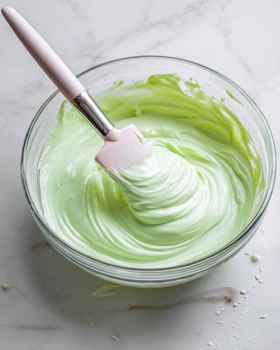 A clear glass bowl on a white marbled surface filled with smooth, thick, light green batter that has a creamy texture. A spatula with a light pink silicone head and silver handle is lifting some of the batter, showing soft waves and swirls inside the bowl. There are small splashes of the green batter on the inside edges of the bowl, and a few tiny spots on the white marbled surface around it. The light is bright and natural, enhancing the fresh and creamy look of the mixture photo taken with an iphone --ar 4:5 --v 7