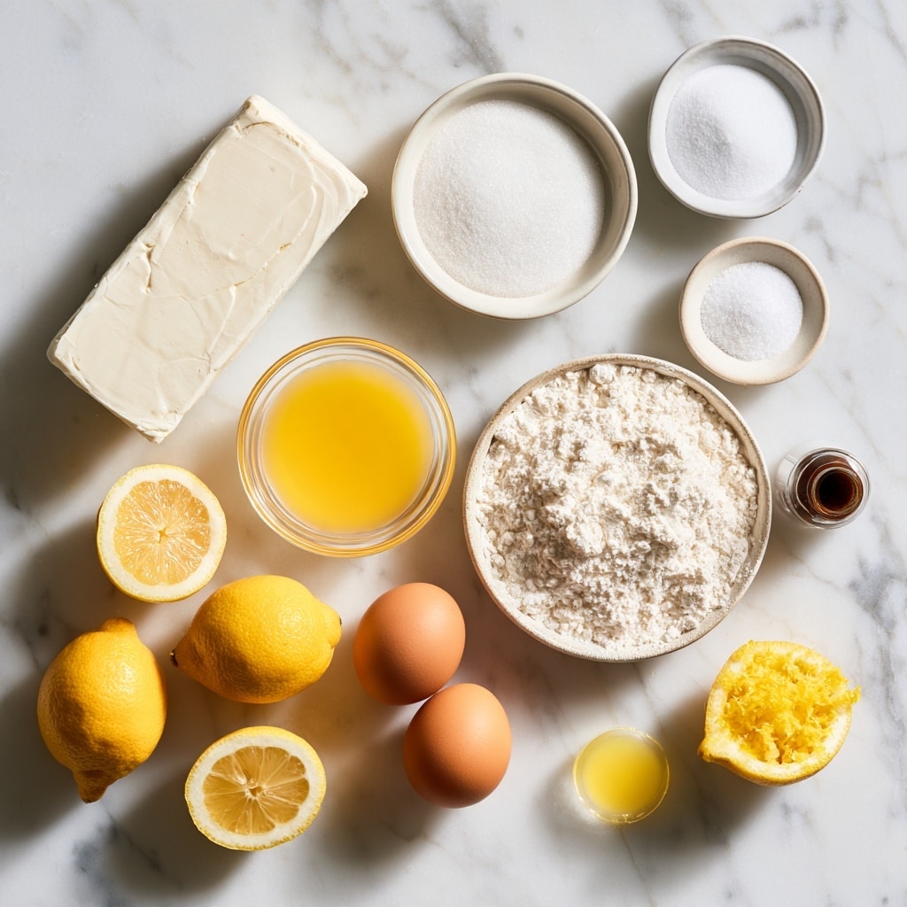 The image shows four steps of a baking process arranged in a 2x2 grid on a white marbled surface. In the top left, step one shows a clear glass bowl with a creamy, pale yellow mixture being whipped with a hand mixer, two egg yolks in a small white bowl are visible in the top corner. The top right, step two displays 20 small white dollops placed in rows on a baking tray lined with brown parchment paper, with the same two egg yolks in a white bowl nearby along with smaller white bowls holding other ingredients. Bottom left, step three features a clear glass bowl filled with a white powdery flour mixture. Bottom right, step four shows a white bowl containing a coarse mix of white sugar and butter pieces, with the two egg yolks again in a small white bowl near the edge. The whole scene has bright natural lighting and clean composition photo taken with an iphone --ar 4:5 --v 7