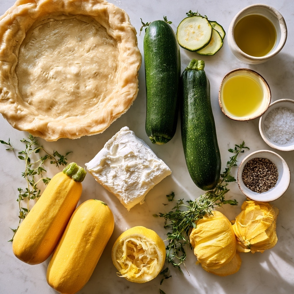 The image shows four steps of making a vegetable tart on a white marbled surface. In step five, thin green and yellow vegetable strips are neatly laid out in rows on a baking tray, with small white bowls of seasonings and oil nearby. Step six shows a white tart pan with a golden crust filled with a dollop of creamy white cheese being spread by a white spatula held by a woman's hand. Step seven displays the tart pan filled with the cheese spread inside and thin vegetable strips arranged in a spiral pattern along the edge. Step eight shows a close-up of a woman's hand pouring golden oil over the tightly coiled spiral of vegetables filling the tart. Photo taken with an iphone --ar 4:5 --v 7
