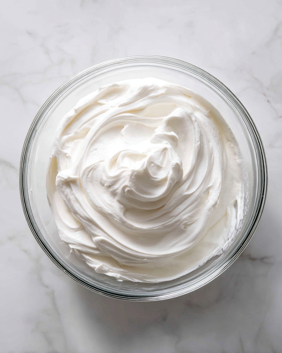 A clear glass bowl filled with one thick, creamy layer of smooth white whipped cream or frosting with soft swirling peaks in the center. The bowl sits on a white marbled surface, showing light reflections on the glass sides and handle. The texture looks fluffy and light, with a few gentle folds and curves on the surface photo taken with an iphone --ar 4:5 --v 7