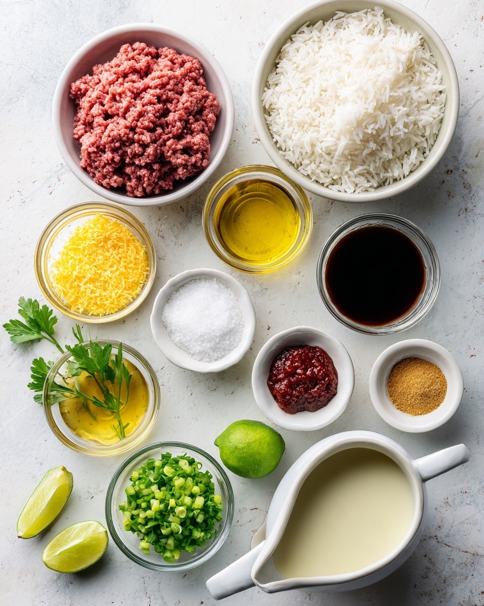 The image shows a top-down view of various ingredients arranged neatly on a white marbled surface. At the top is a white bowl filled with raw ground meat, next to it on the left is a white bowl full of white rice with a soft, fluffy texture. Below the meat are small clear glass bowls containing golden oil and dark soy sauce. Centered to the left, there is a small white bowl holding a generous amount of grated yellow ginger. Beside it are smaller bowls holding white salt crystals, a bright green lime, and fresh green parsley sprigs. A small bowl of chopped green cucumber pieces and another holding a thick, bright red paste are also visible. Towards the bottom, a white jug is filled with creamy white liquid and another container nearby holds a golden broth. Small round white dishes contain light yellow sesame seeds, a brownish-yellow powdered spice, and a light green liquid. The whole setup is lit evenly, giving clear visibility to the colors and textures of each ingredient. Photo taken with an iphone --ar 4:5 --v 7