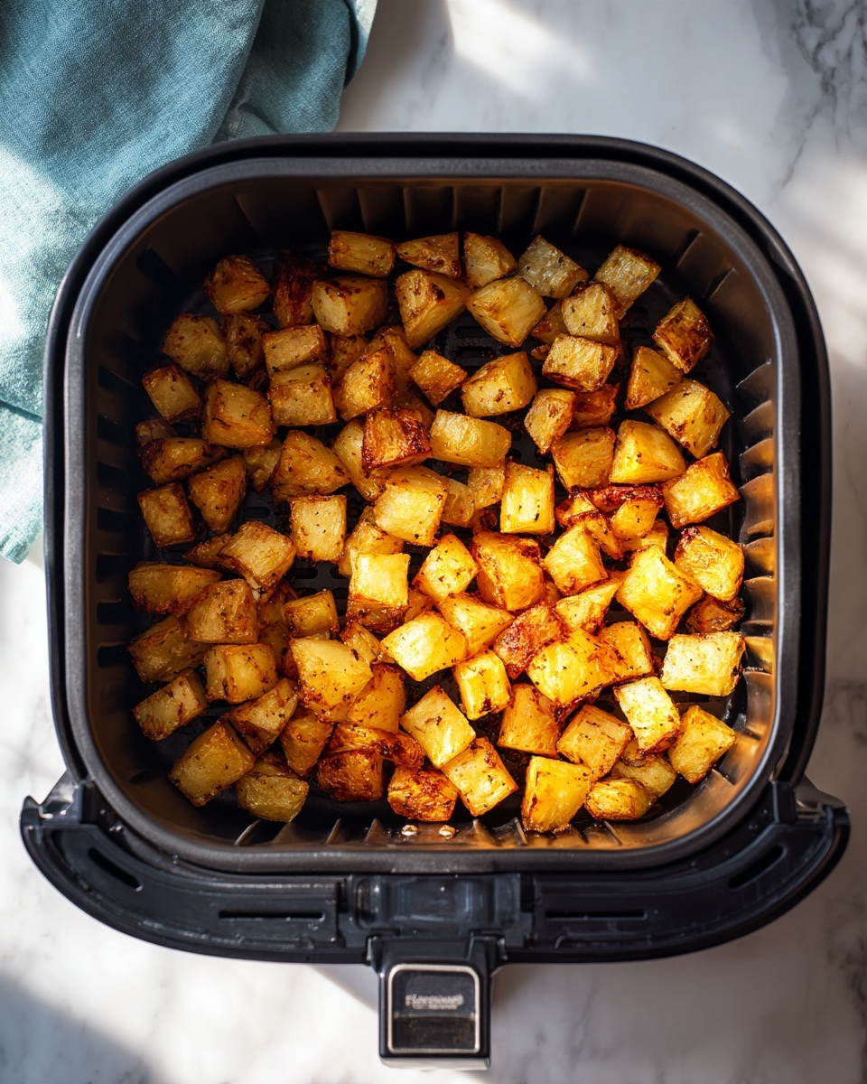 This image shows an air fryer basket filled with one layer of small, golden-brown cubed potatoes. The potatoes have a crispy texture with some pieces slightly darker, showing a nice roast. The basket is black with a visible handle at the front. It sits on a white marbled surface, and there is a light blue cloth partially visible in the top left corner. The lighting highlights the warm color and texture of the potatoes, with shadows cast on the white marbled surface around the basket. photo taken with an iphone --ar 4:5 --v 7