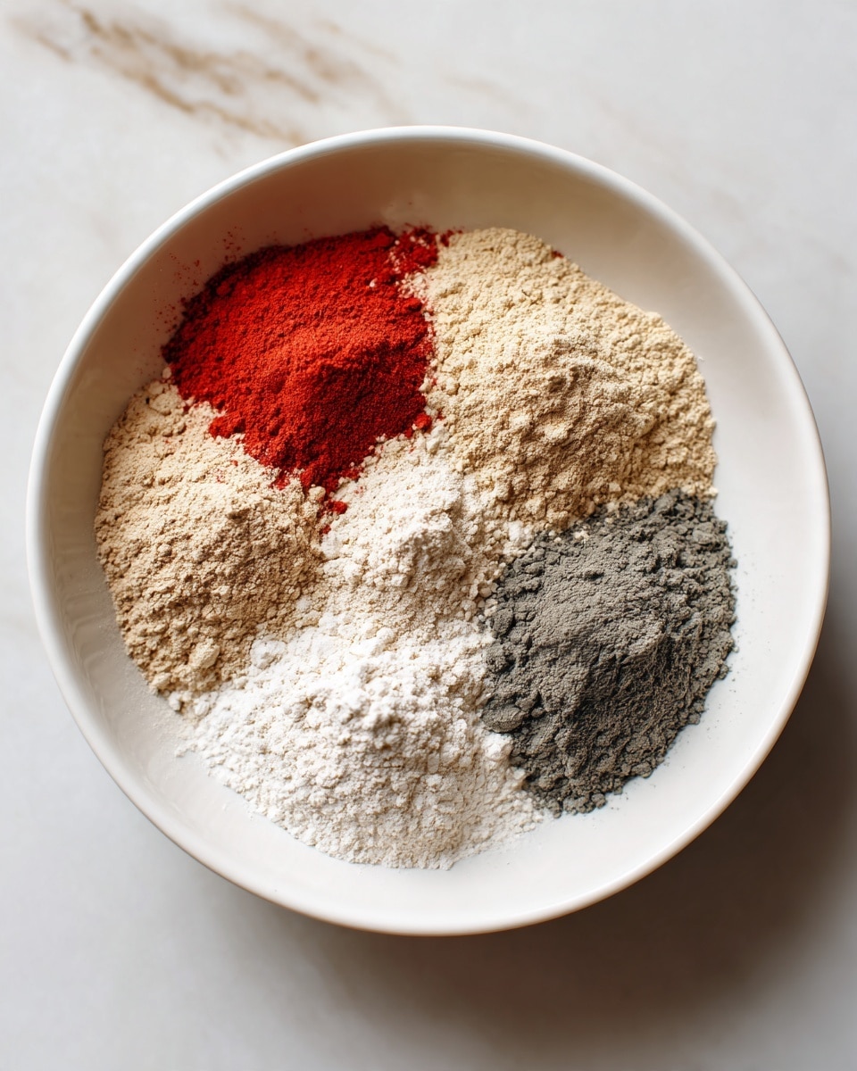 A white bowl is placed on a white marbled surface, filled with five piles of dry powders arranged in a rough circle. The base layer is a fine white powder covering the bottom of the bowl. On top of this, starting from the bottom left and moving clockwise, there is a small pile of bright red powder with a smooth texture, followed by a light beige powder, a medium beige powder with a slightly grainy texture, and a dark gray powder that looks finely ground. The powders create a colorful contrast against the white bowl and the white marbled surface. The photo taken with an iphone --ar 4:5 --v 7