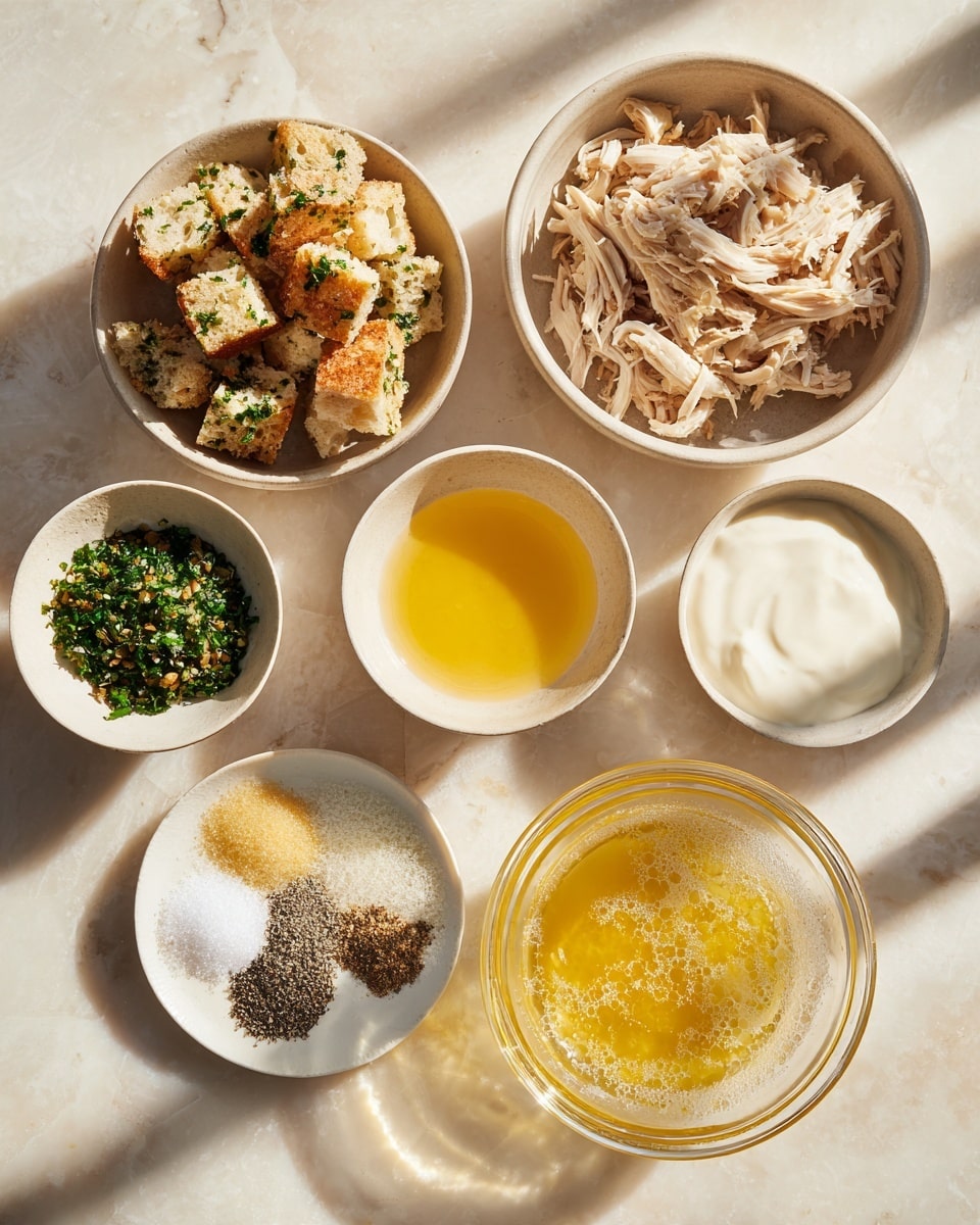 The image shows seven small white bowls and plates arranged on a light-colored surface with a white marbled texture. The top left bowl contains crumbled bread pieces with green herb bits, showing a rough texture and light brown color. To its right, a bowl holds shredded cooked chicken with beige and light brown tones, its texture soft and fibrous. Below these, a small bowl with a smooth, yellow liquid, likely broth, is centered on the left. Next to it, a small bowl with smooth white yogurt or cream sits on the right. Below the broth is a clear glass bowl with golden yellow melted butter or oil, shiny and liquid. To the right of that is a white bowl filled with a frothy yellow mixture, possibly melted butter with herbs. At the bottom left, a small white plate holds three piles of ground spices or powders: black pepper, white salt, and possibly flour, all finely textured. The light casts soft shadows around the bowls. photo taken with an iphone --ar 4:5 --v 7