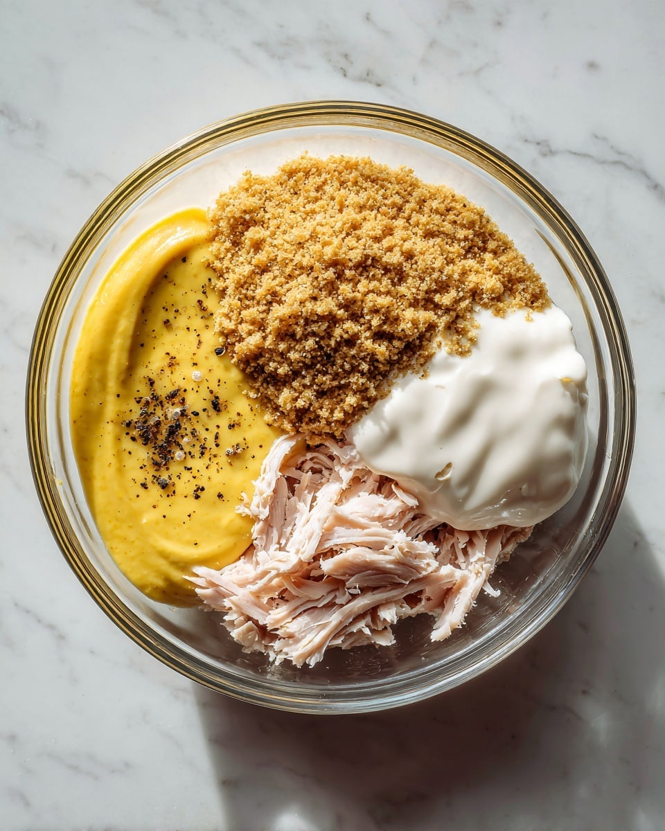 A clear glass bowl shows four main layers inside, placed on a white marbled surface. On the left side, there is a thick, smooth yellow layer of mustard or sauce, topped with black pepper and salt. Next to it on the top right, there is a rough layer of light brown bread crumbs with a dry and crumbly texture. Below the bread crumbs, on the bottom right, shredded pale pink chicken meat layers appear soft and fibrous. Finally, on the right side, a dollop of white creamy sauce sits on top of the chicken. The bowl is seen from above and has soft shadows around it. Photo taken with an iphone --ar 4:5 --v 7