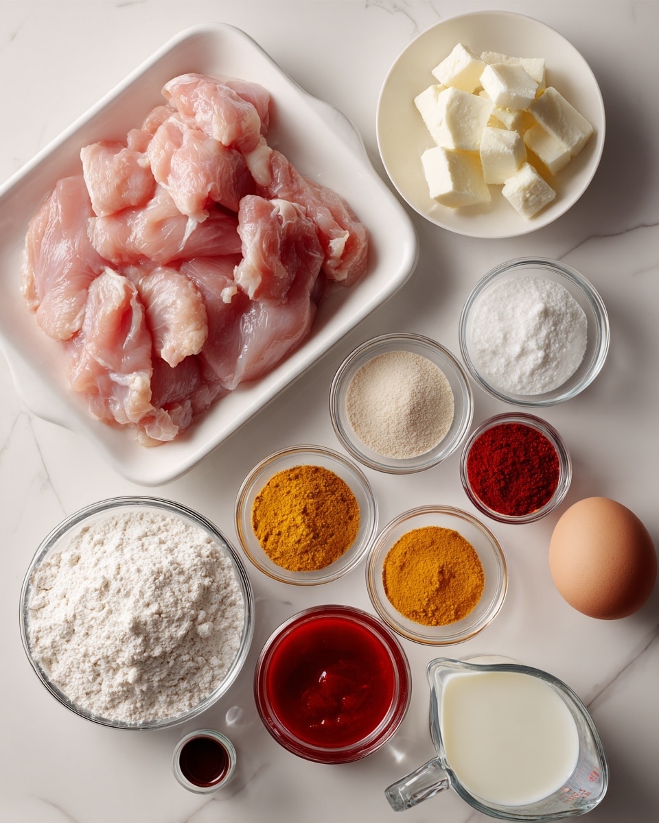 The image shows a white plastic tray filled with several raw pink chicken strips placed on the left side. To the right, there are small clear glass bowls containing different powders and spices: light beige, white, bright red, and light yellow. There is a small white plate with white chunks that look like butter and a small bowl with white cream beside it. Below, two larger white bowls filled with white flour are present, along with a small bowl of bright red sauce and a small white dish holding a dark brown liquid. A single brown egg is placed next to a white measuring cup filled with milk. All items are arranged neatly on a white marbled surface. Photo taken with an iphone --ar 4:5 --v 7