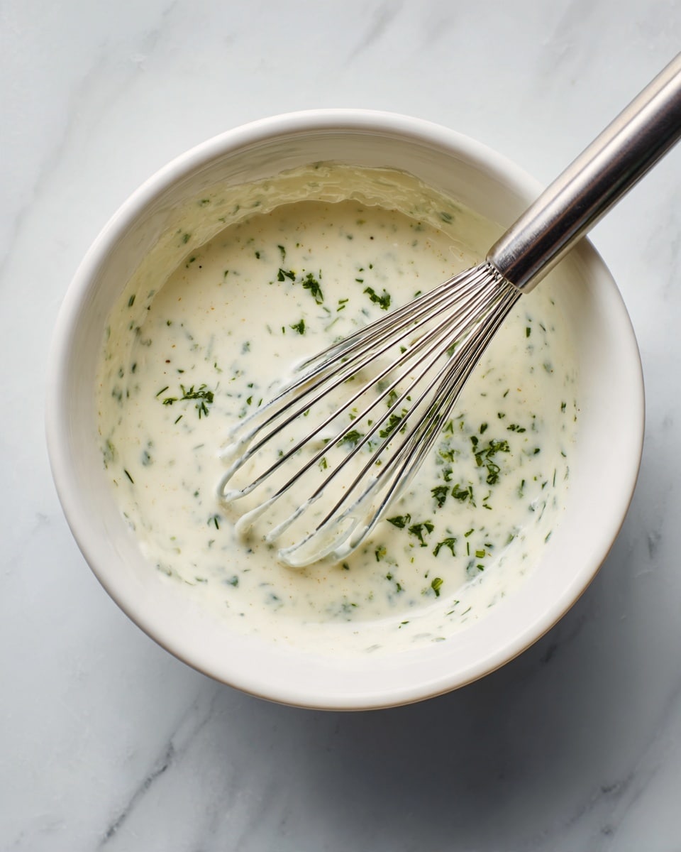 A white bowl filled with creamy white sauce mixed with small green herb bits evenly spread throughout, giving the sauce a smooth and slightly textured appearance. A metal whisk lies inside the bowl, touching the sauce and casting a clear shadow on the white marbled surface beneath. The image is simple with soft lighting highlighting the smooth texture of the sauce and the shiny handle of the whisk photo taken with an iphone --ar 4:5 --v 7