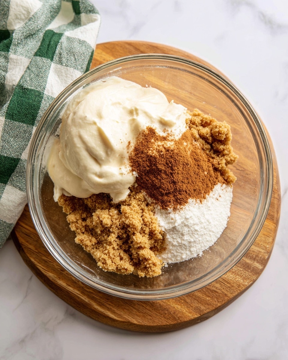 A clear glass bowl sits on a wooden board with a green and white checkered cloth beside it, all on a white marbled surface. Inside the bowl, there are four visible layers of dry ingredients: a bottom layer of light brown sugar with a crumbly texture, a white powdery layer likely powdered sugar on the right side, a mound of smooth, creamy white substance on the left, and a rusty brown layer of cinnamon-like spice resting on top of the creamy layer. The ingredients are unmixed, showing distinct color contrasts. Photo taken with an iphone --ar 4:5 --v 7