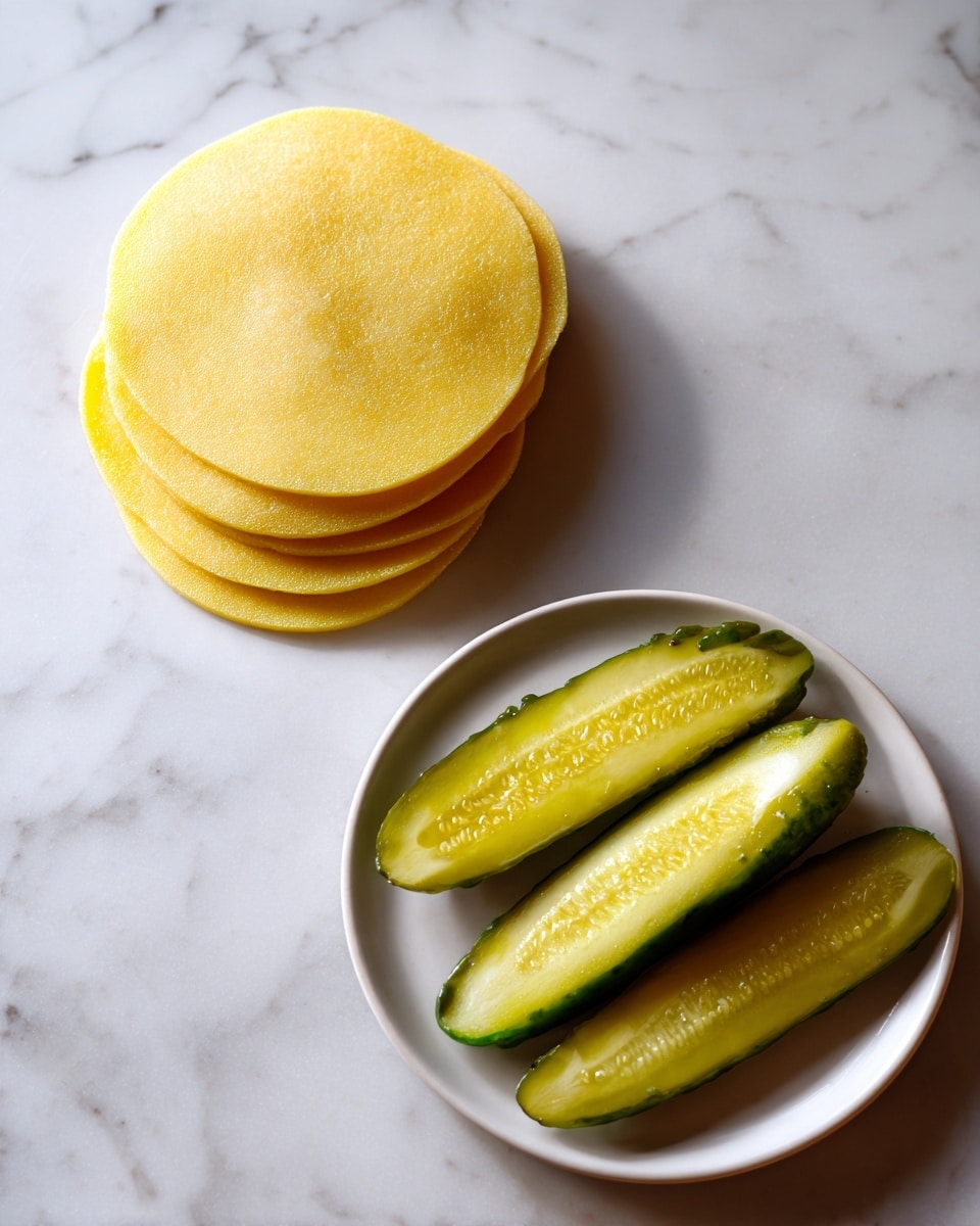 Four thin, round, yellow dough sheets are stacked and placed on a white marbled surface, each sheet slightly visible under the one on top. Below this stack, a white plate holds three long, sliced yellow pickles with a shiny, moist texture and dark green edges, arranged side by side. The surface is white with a marbled pattern. photo taken with an iphone --ar 4:5 --v 7