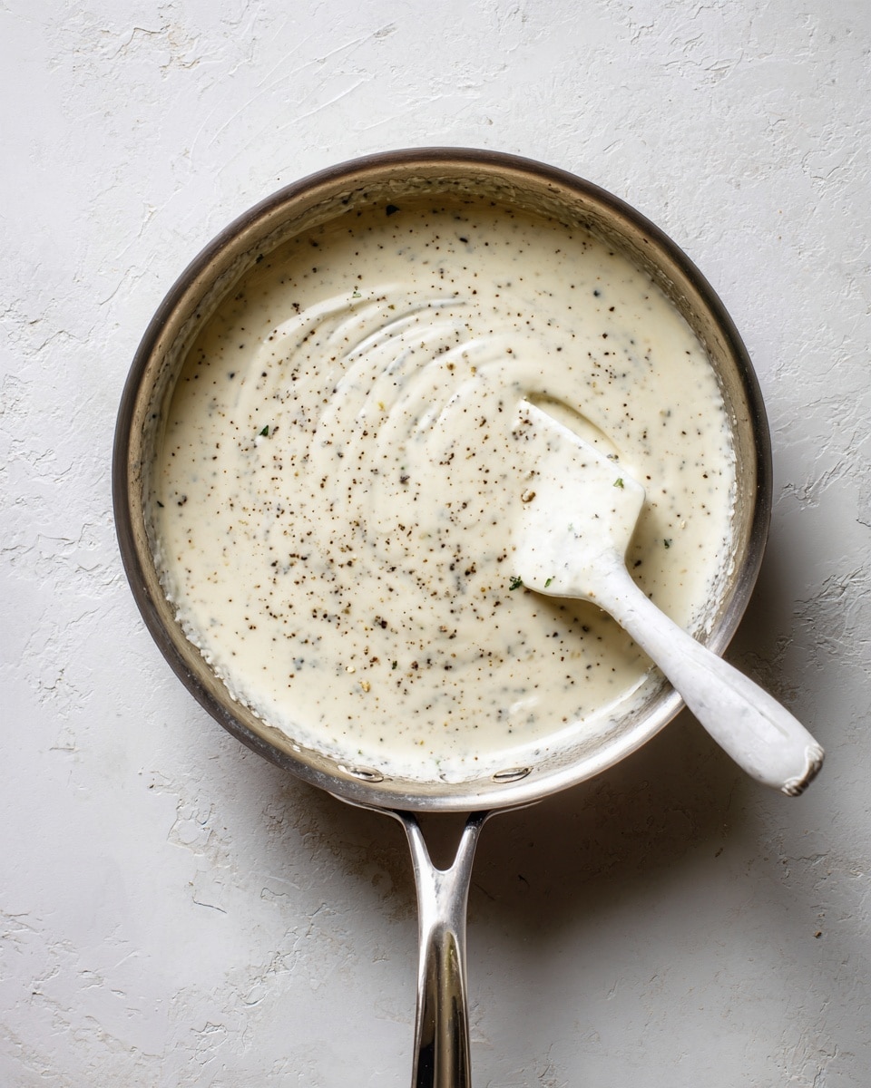 A top view of a silver metal pan filled with light cream sauce that has visible black pepper and herb specks scattered throughout. The sauce has a smooth and creamy texture. A white spatula is partly dipped into the sauce on the right side of the pan, with the handle extending outward. The pan sits on a white marbled surface with subtle texture and light shadows around the pan. Photo taken with an iphone --ar 4:5 --v 7