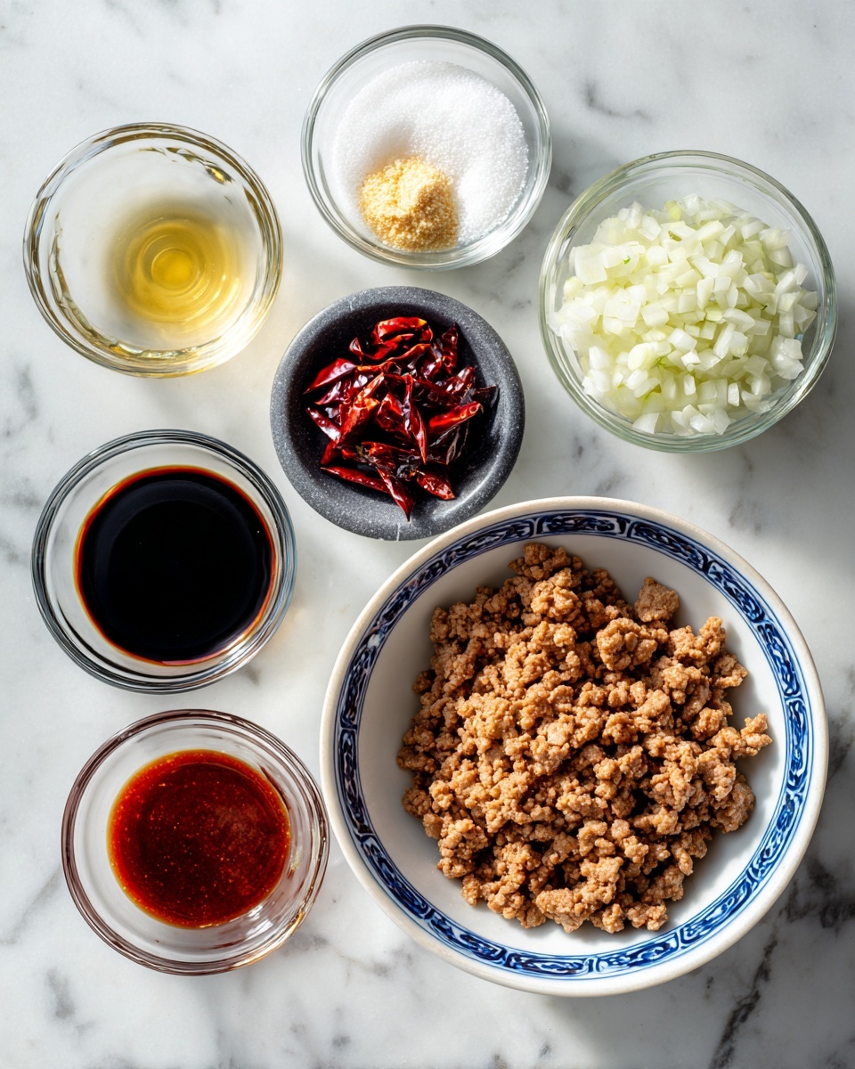 The image shows seven small bowls on a white marbled surface arranged in a rough circle. The largest bowl, which is white with a blue rim, is filled with cooked minced meat that is brown and crumbly, placed at the bottom right. To its left is a small white bowl with dark red dried chili pieces. Above that, there is a small clear glass bowl with chopped white onions. Next to it is a dark grey bowl with finely minced garlic that looks like a light yellow paste. On the left side, there is a clear glass bowl with a dark soy sauce that is almost black in color, below that is a small bowl with a deep red sauce, and above them is a clear glass bowl with a pale yellow oil. At the top left is a clear glass bowl with white granulated sugar. The bowls are all placed on a white marbled surface giving a clean contrast to the colors inside them. photo taken with an iphone --ar 4:5 --v 7