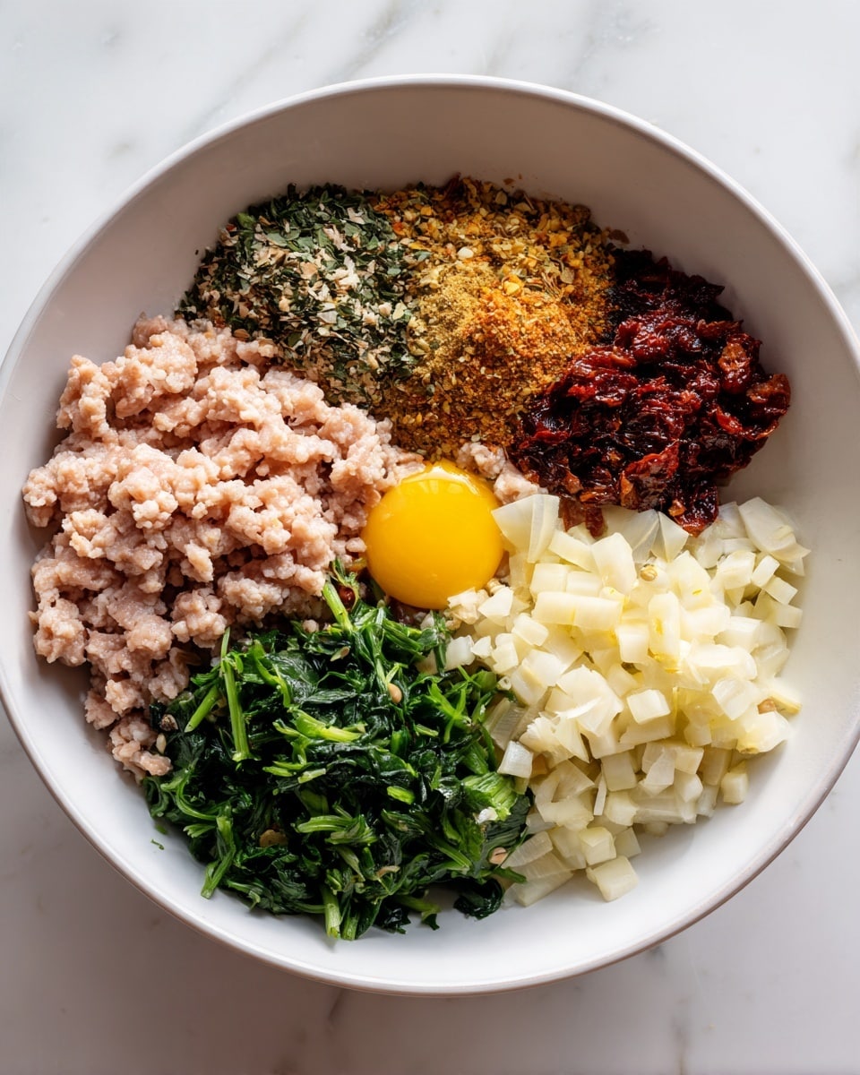 A white bowl holds several ingredients arranged in separate sections. The largest part is ground light pink meat filling most of the bowl on the left side. On top and around it are layers of green chopped spinach, finely chopped light yellow garlic, and small chunks of off-white cheese on the bottom right. There is a raw yellow egg yolk sitting near the cheese. On the upper middle left are layers of finely mixed brown and green dried spices, and just below it is a dark red sun-dried tomato paste with a rough texture. The bowl sits on a white marbled surface. Photo taken with an iphone --ar 4:5 --v 7